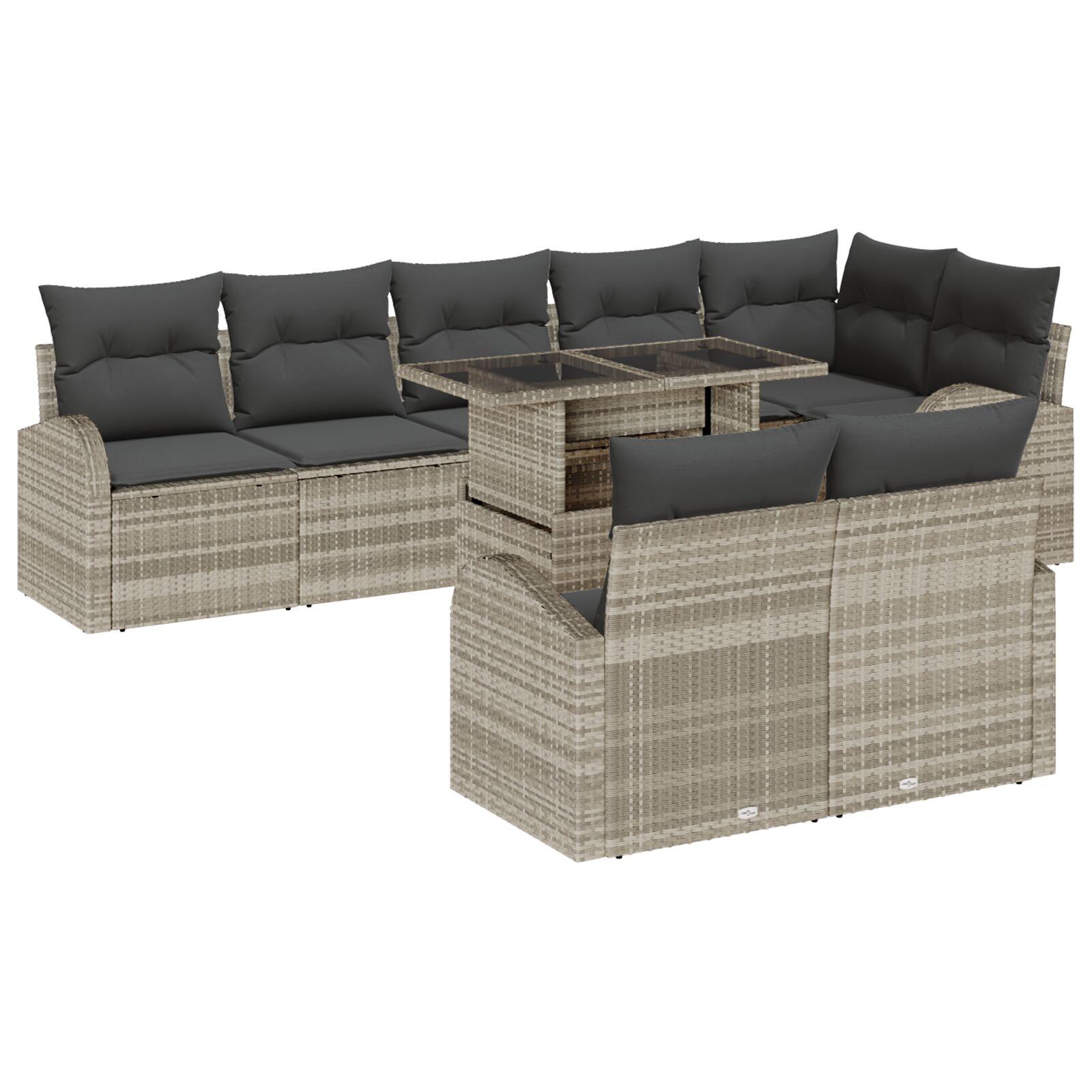 9 Stykke Have Sofa Sæt med Puder Lysegrå Poly Rattan, 2-Sæders Have Sofa med Opbevaring og Puder Lysegrå Poly Rattan