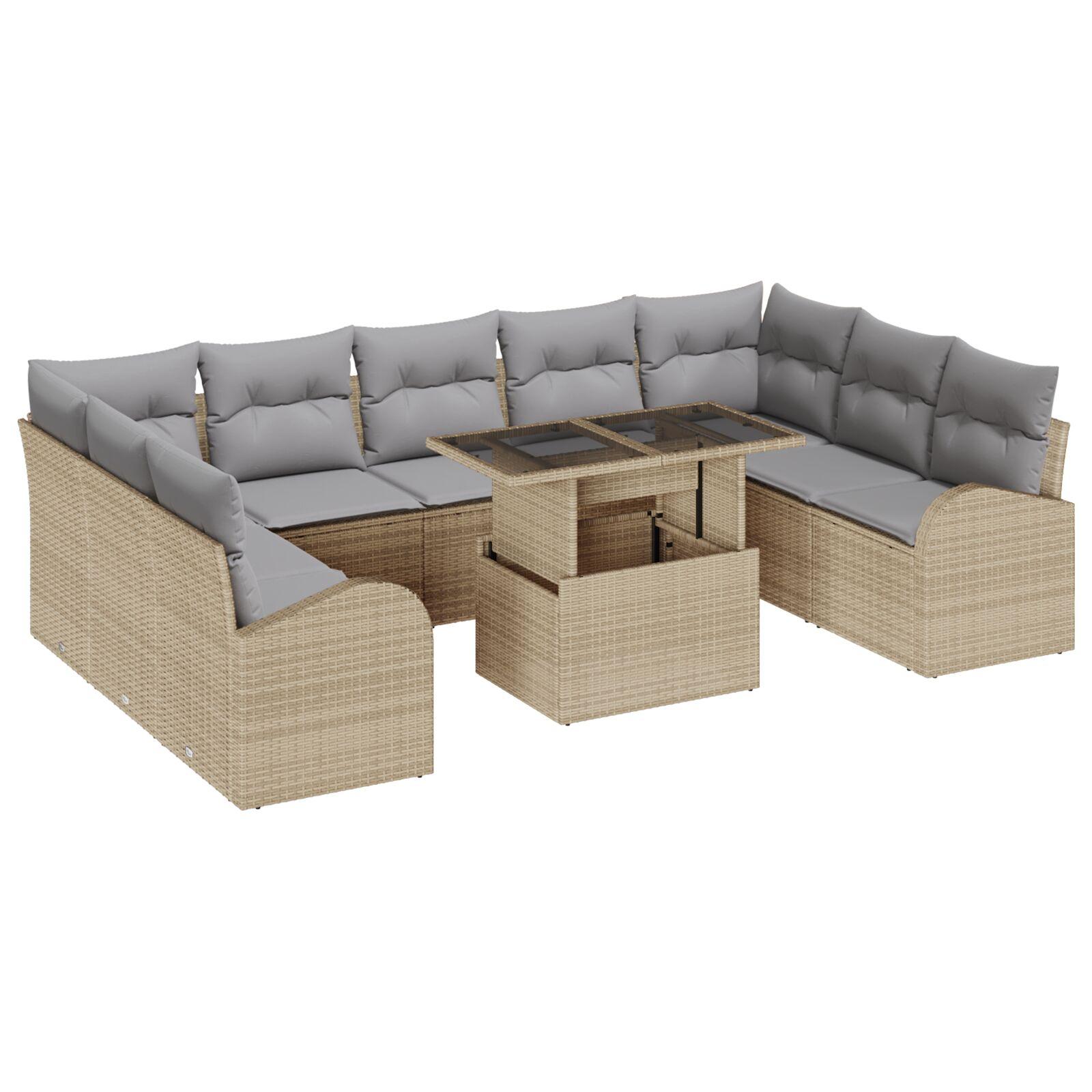 10 Delers Havemøbel Sæt med Hynder Beige Poly Rattan,  2-personers Havemøbel Sofa med Opbevaring & Hynder Beige Poly Rattan