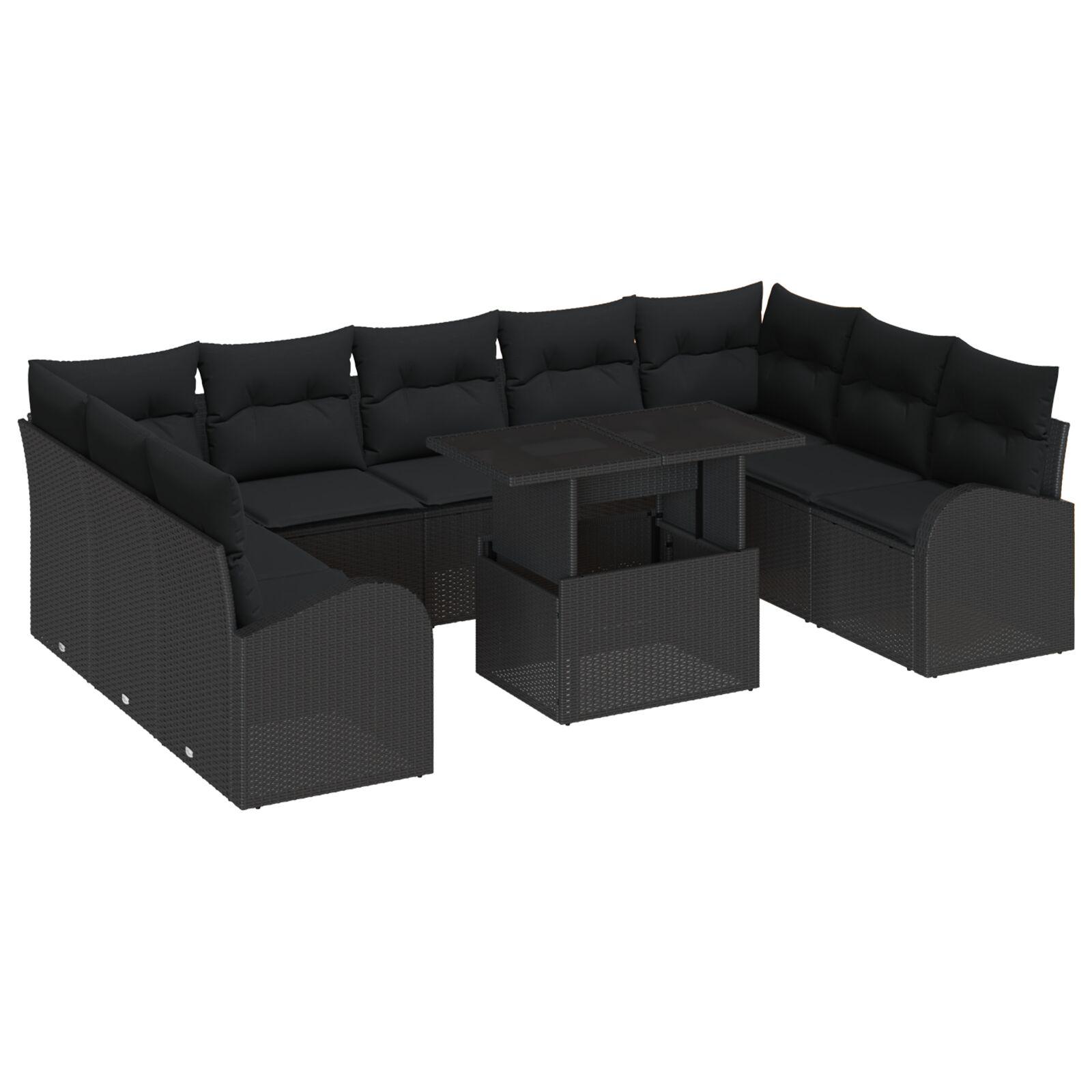 10-delers Have Sofa Sæt med Puder Sort Poly Rattan,  2-personers Have Sofa med Opbevaring & Puder Sort Poly Rattan