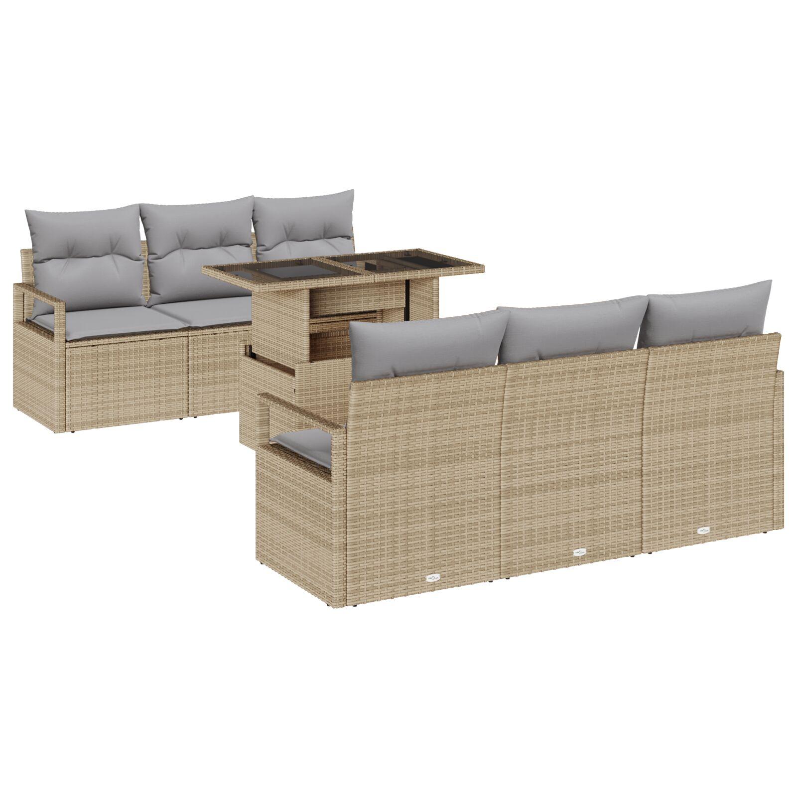 7-delt Havesofa Sæt med Puder Beige Poly Rattan,  2-personers Havesofa med Opbevaring & Puder Beige Poly Rattan