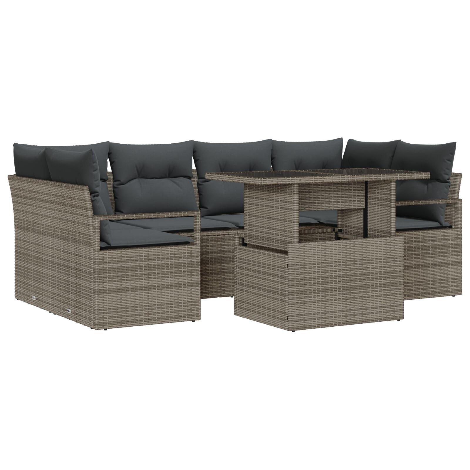 7 Piece Have Sofa Sæt med Puder Grå Poly Rattan, 2-personers Have Sofa med Opbevaring & Puder Grå Poly Rattan