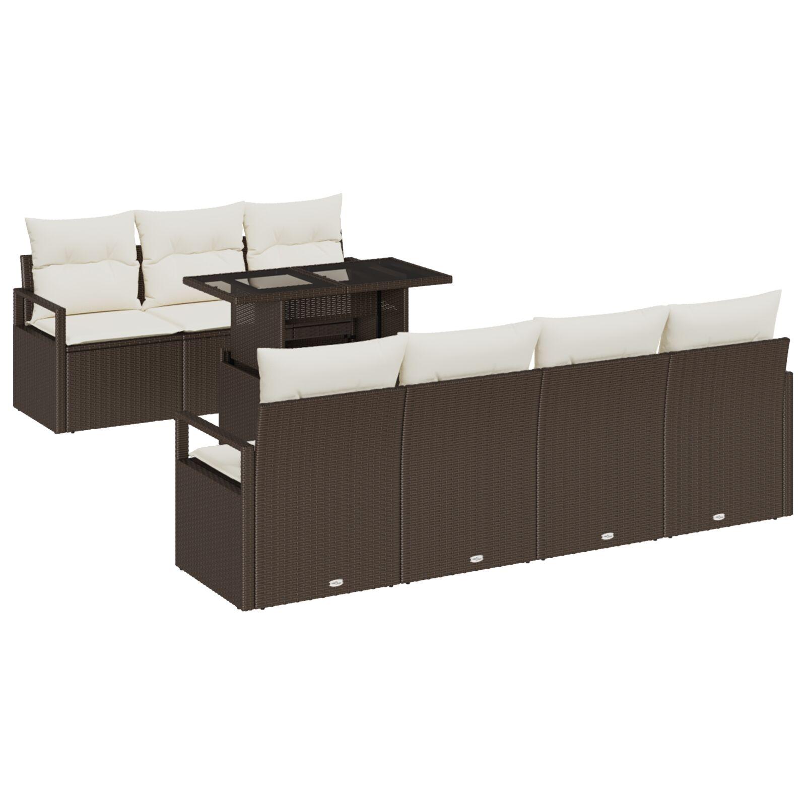 8-delers Have Sofa Sæt med Puder Brun Poly Rattan,  2-personers Have Sofa med Opbevaring & Puder Brun Poly Rattan