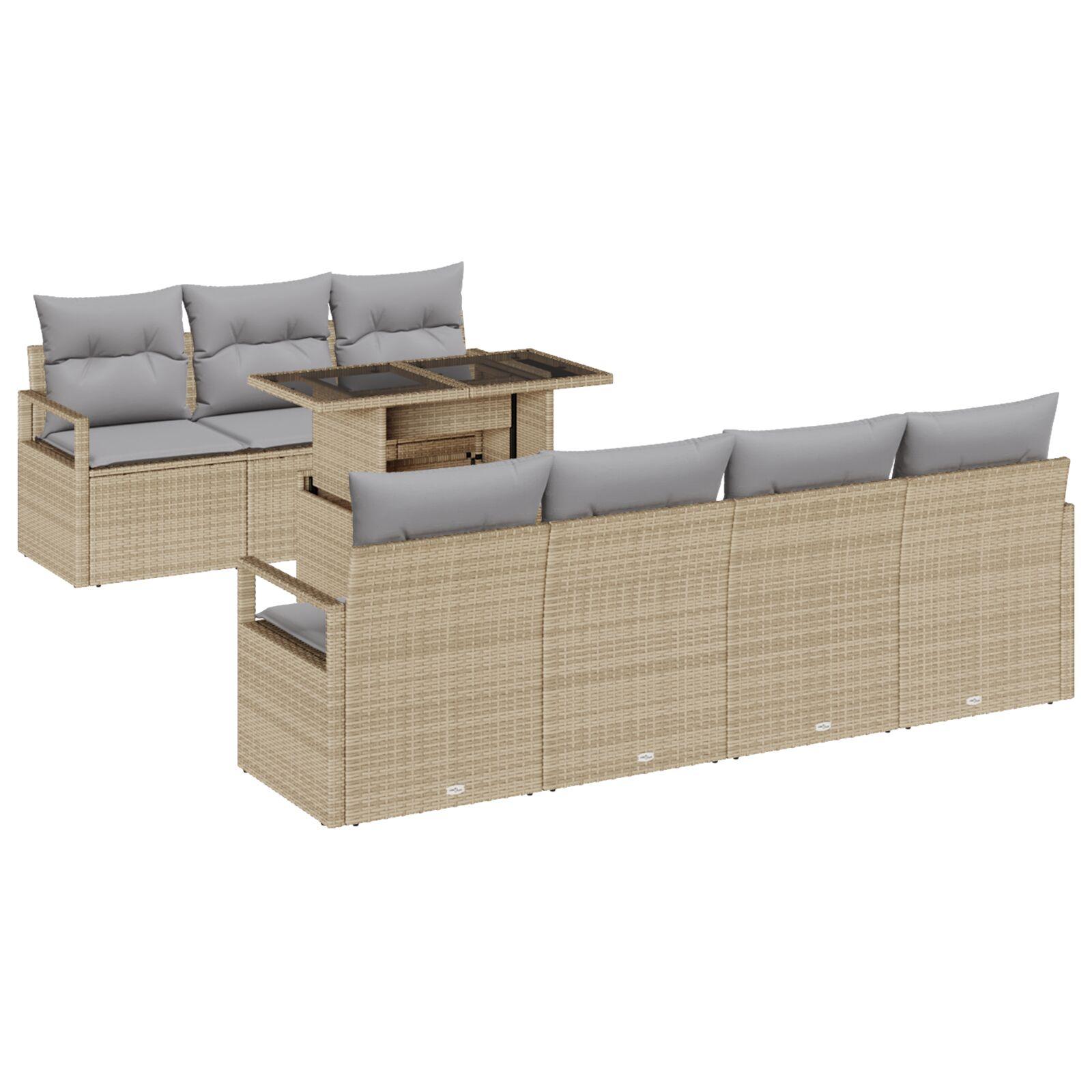 8 Delt Have Sofa Sæt med Puder Beige Poly Rattan,  2-personers Have Sofa med Opbevaring & Puder Beige Poly Rattan