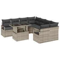 9 Piece Have Sofa Sæt med Puder Lysegrå Poly Rattan, 2-personers Have Sofa med Opbevaring & Puder Grå Poly Rattan