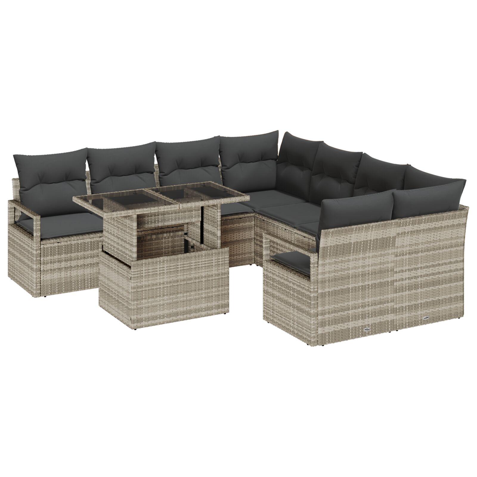 9 Piece Have Sofa Sæt med Puder Lysegrå Poly Rattan, 2-personers Have Sofa med Opbevaring & Puder Grå Poly Rattan