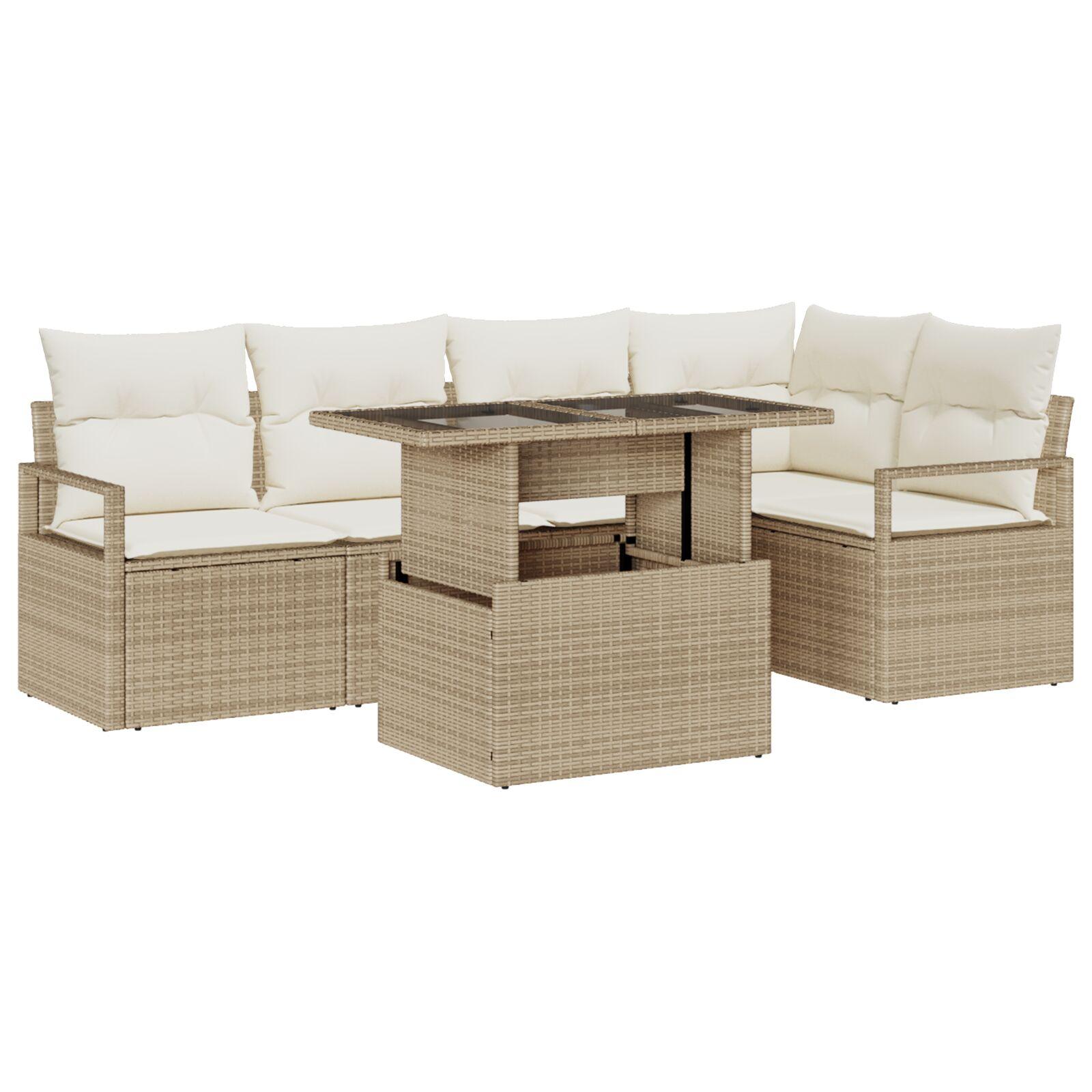 6-delt havesofa sæt med puder, beige poly rattan,  2-personers havesofa med opbevaring og puder, beige poly rattan
