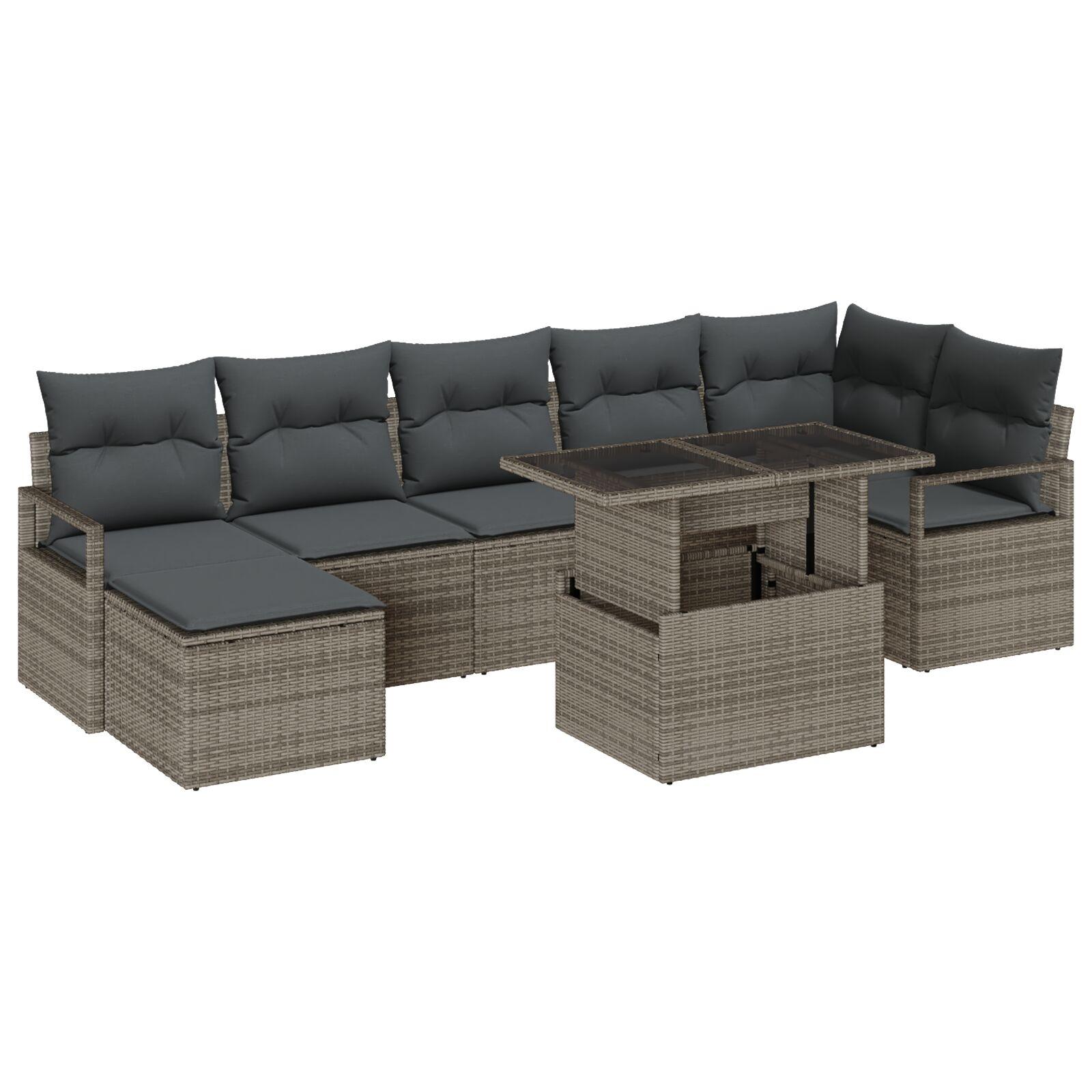 8 Stk Have Sofa Sæt med Puder Grå Poly Rattan, 2-Sæders Have Sofa med Opbevaring & Puder Grå Poly Rattan