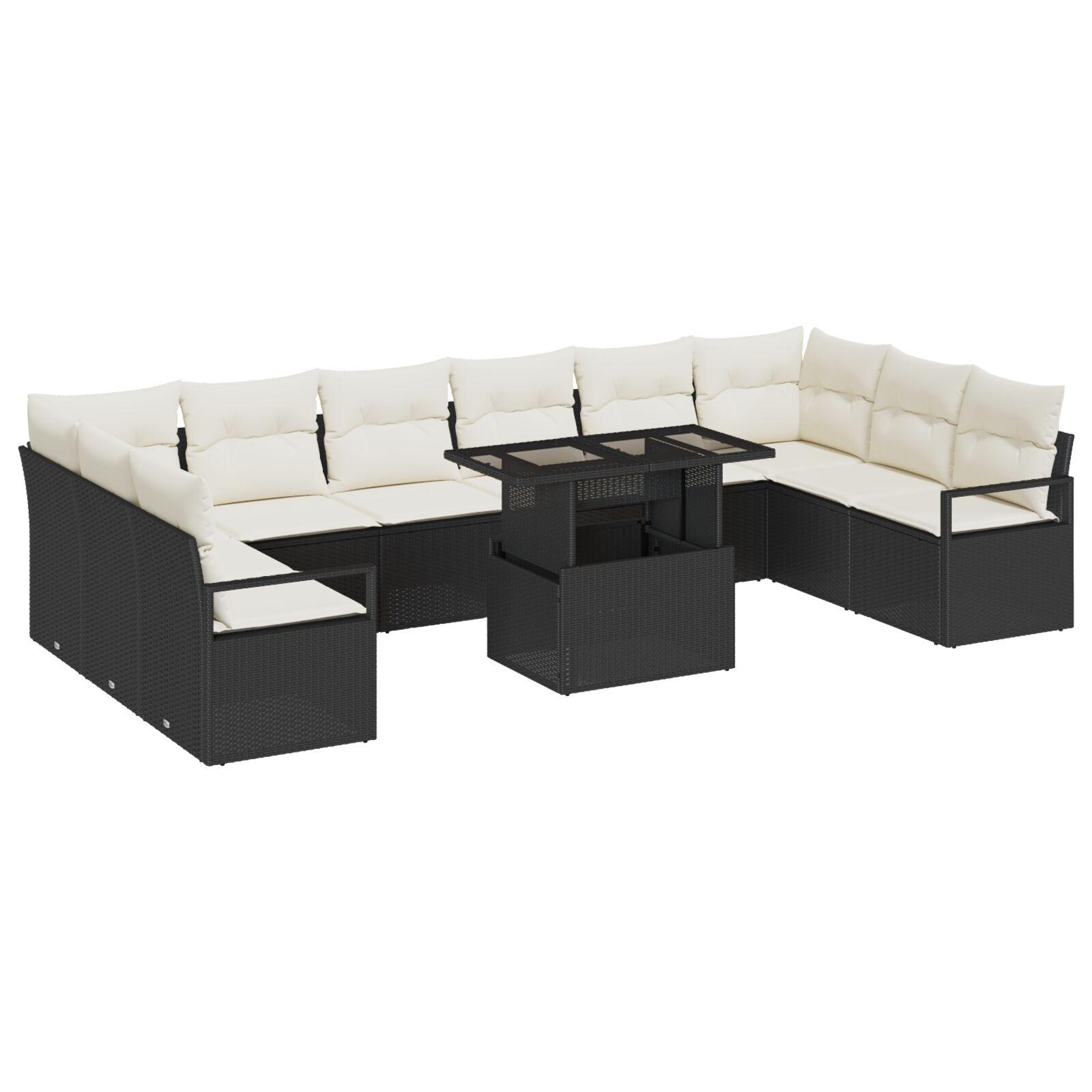 11 Styk Havesofasæt med Puder Sort Polyrattan, 2-Personers Havesofa med Opbevaring & Puder Sort Polyrattan