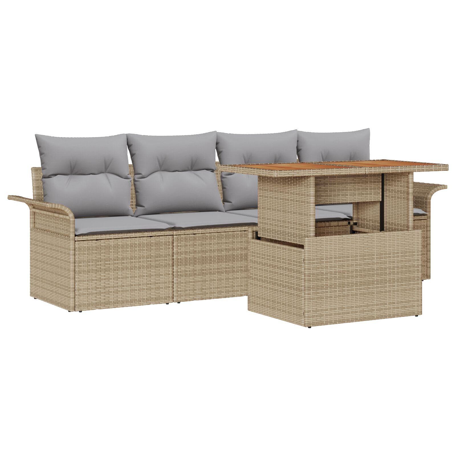 5 Delers Have Sofa Sæt med Puder Beige Poly Rattan,  2-personers Have Sofa med Opbevaring & Puder Beige Poly Rattan
