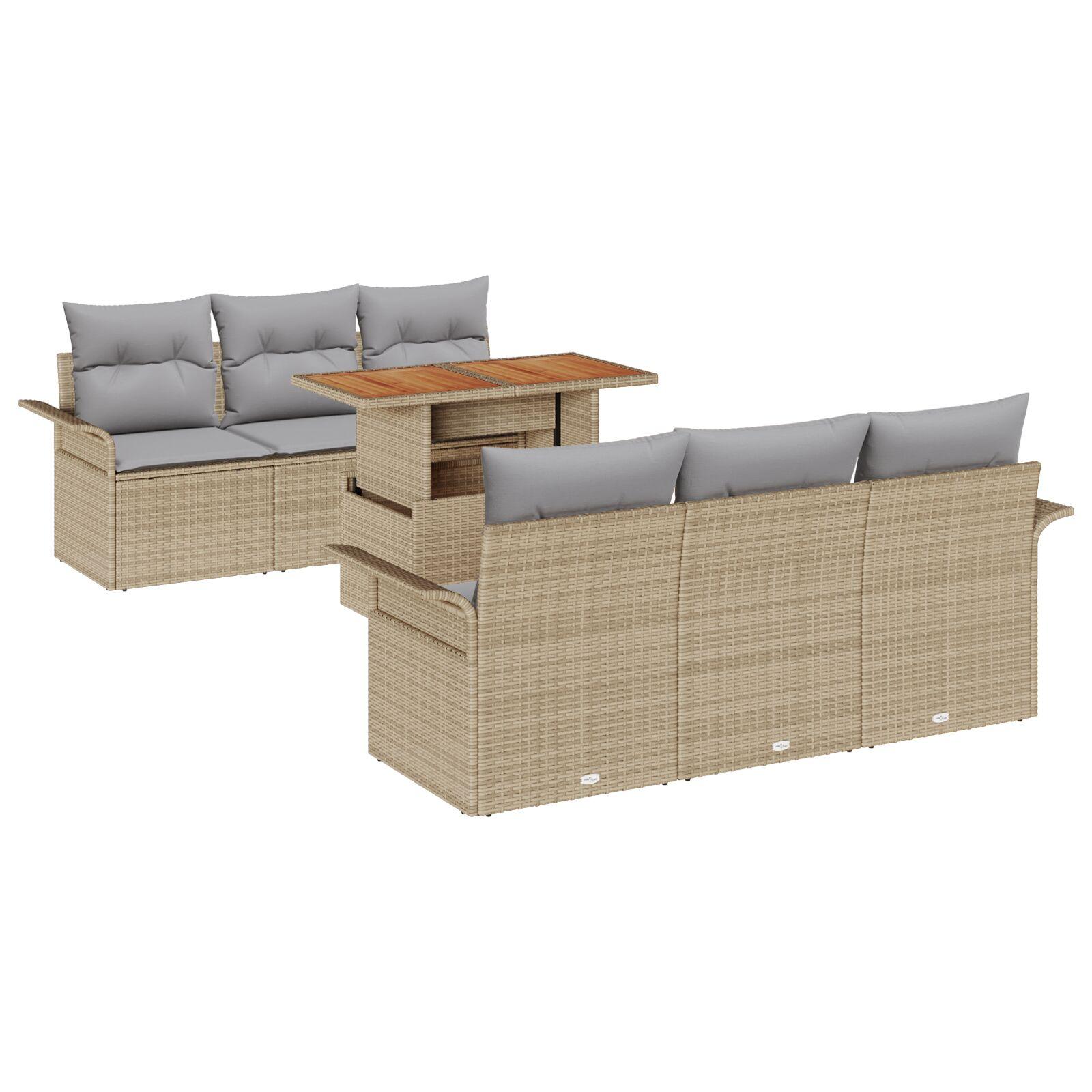 7 stykke have sofa sæt med puder beige poly rattan,  2-personers have sofa med opbevaring og puder beige poly rattan