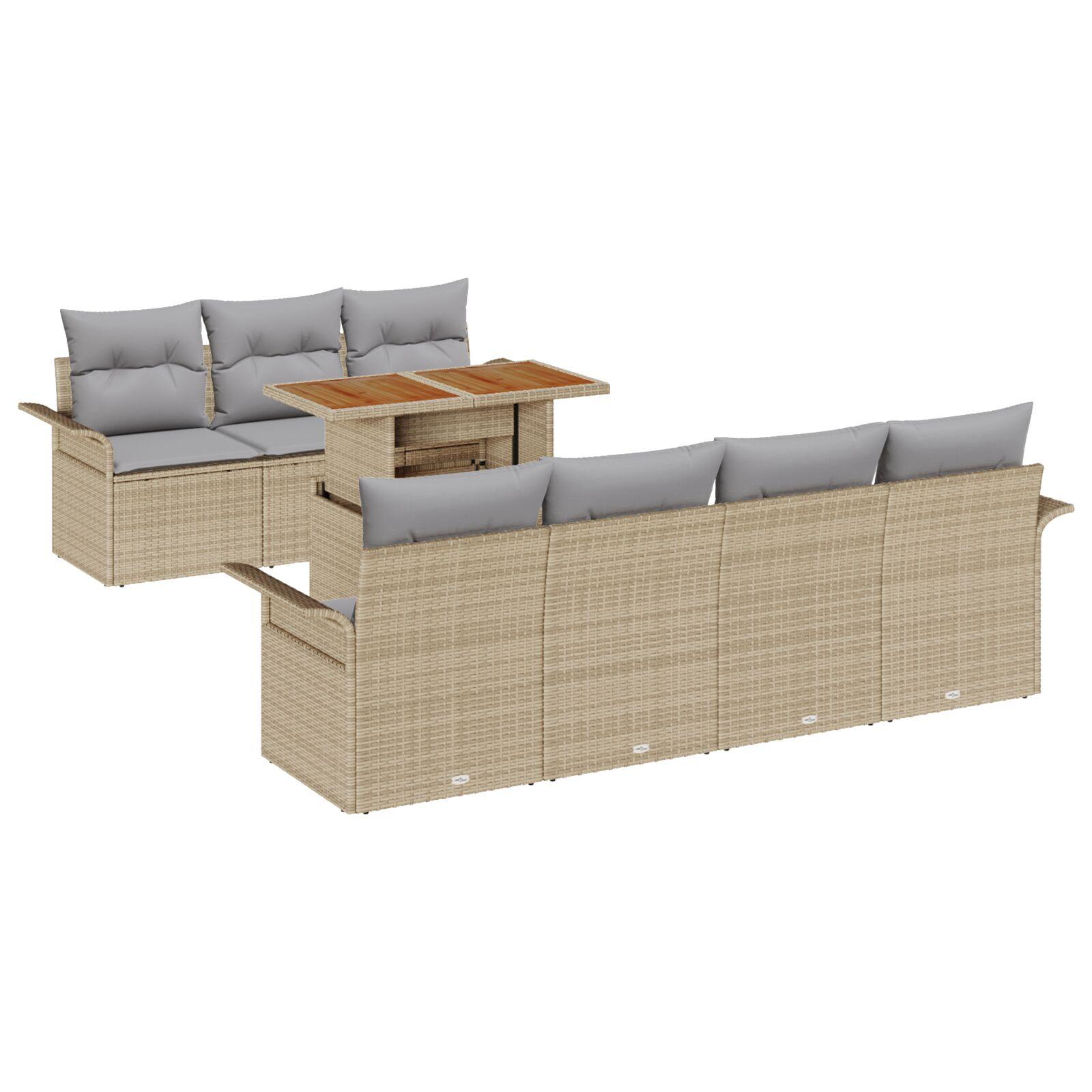 8-delt Have Sofa Sæt med Puder Beige Poly Rattan,  2-personers Have Sofa med Opbevaring & Puder Beige Poly Rattan