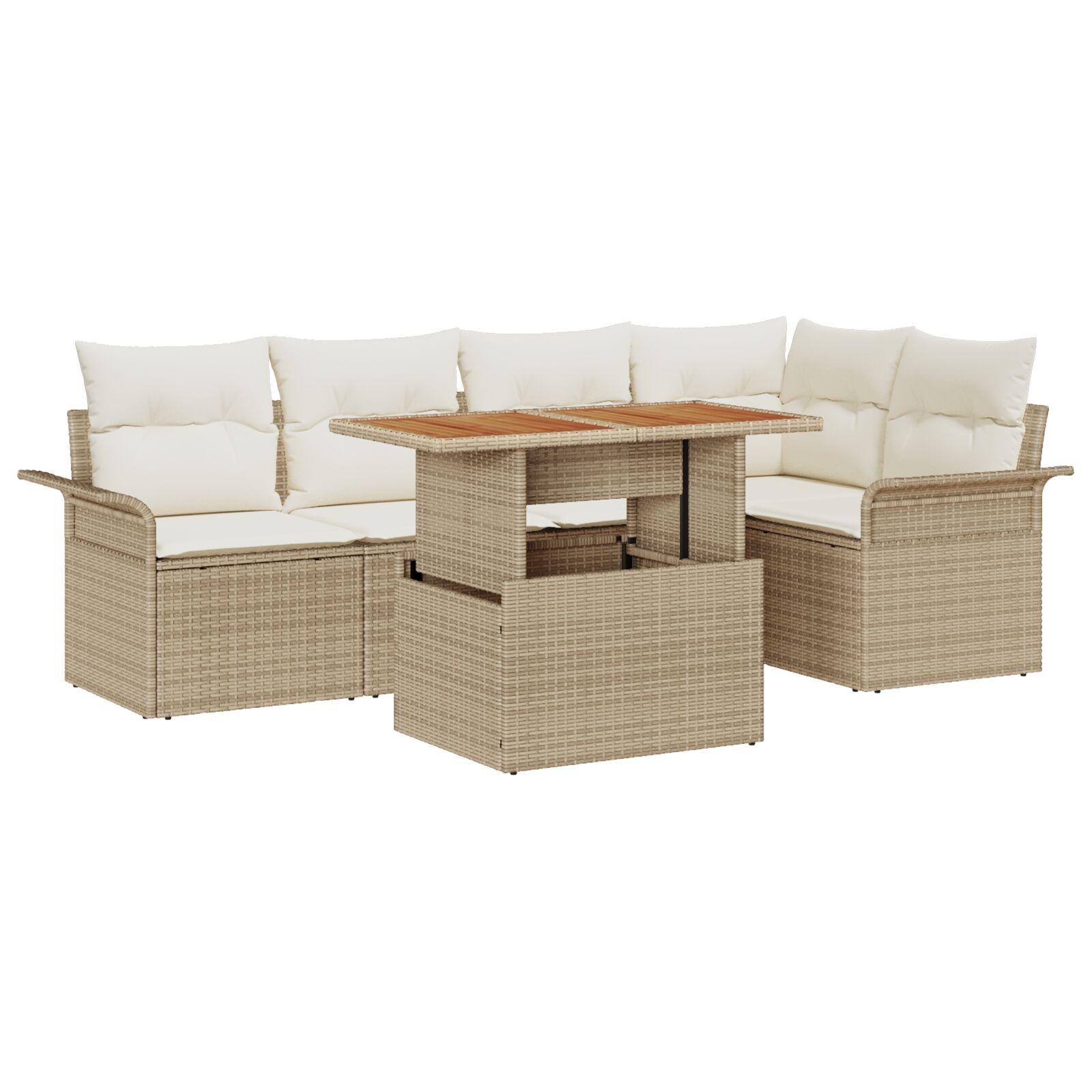 6 Stk Have Sofa Sæt med Puder Beige Polyrattan,  2-sæders Have Sofa med Opbevaring & Puder Beige Polyrattan