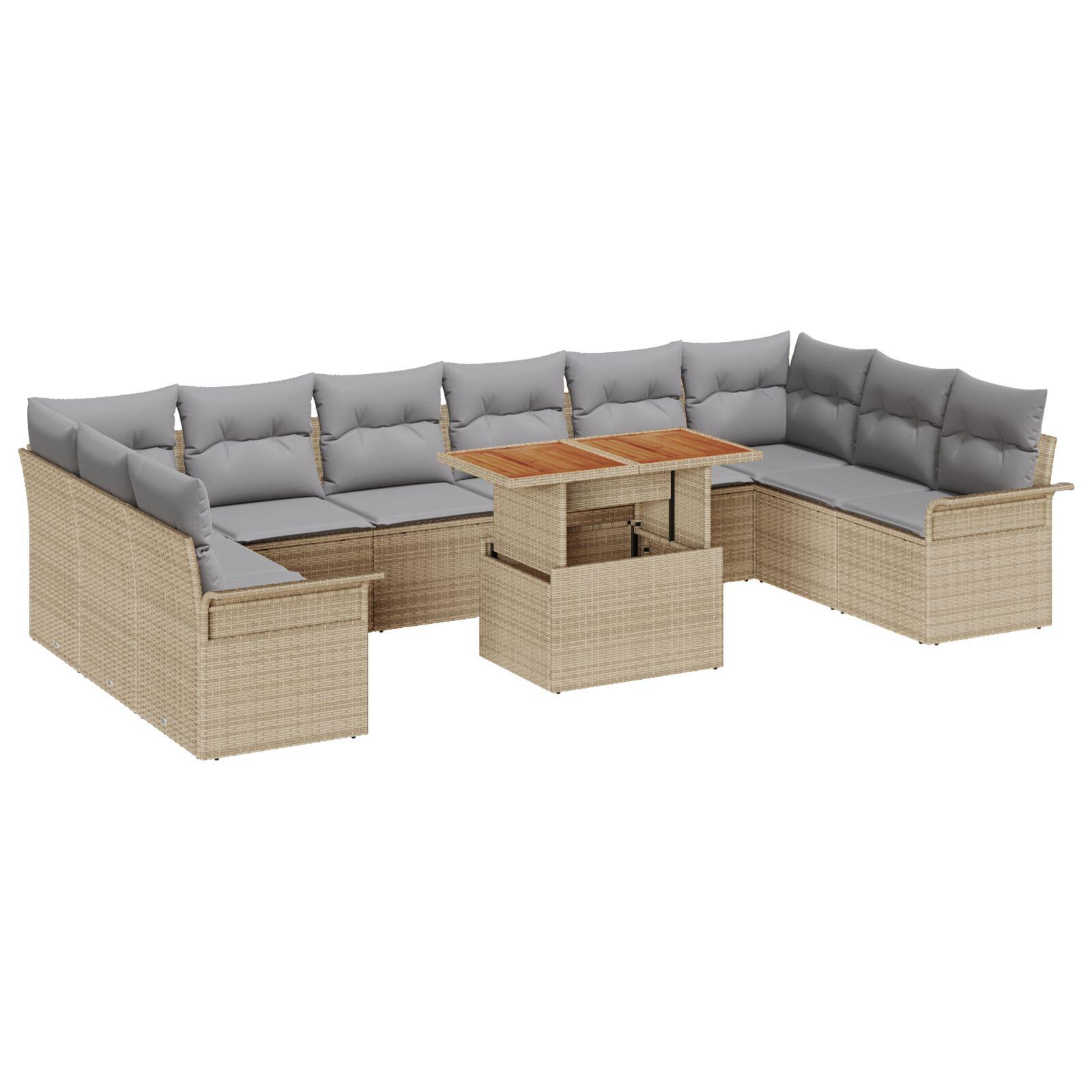 11-delt have sofa sæt med puder beige poly rattan,  2-personers have sofa med opbevaring & puder beige poly rattan