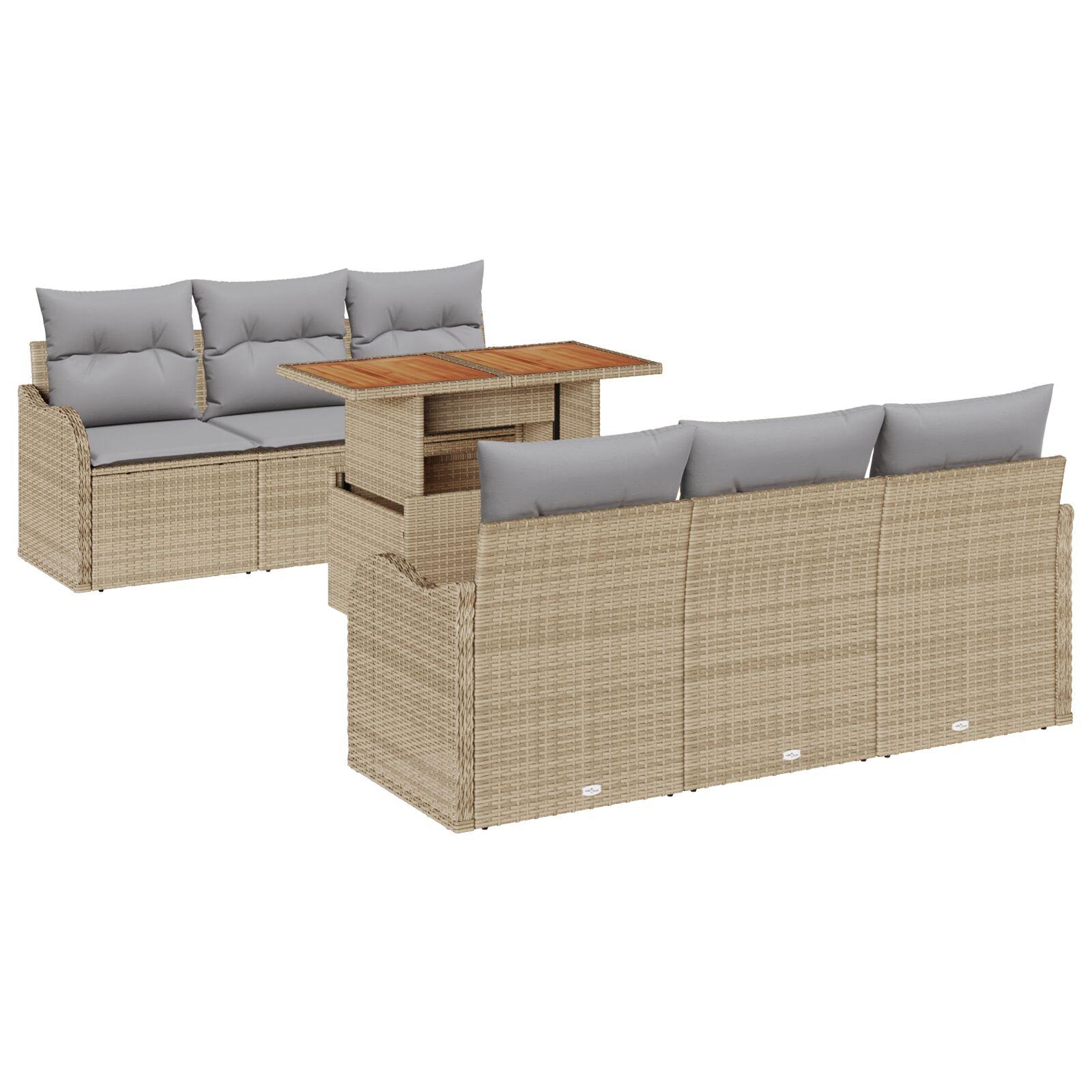 7 Styk Have Sofa Sæt med Puder Beige Poly Rattan,  2-Sæders Have Sofa med Opbevaring & Puder Beige Poly Rattan