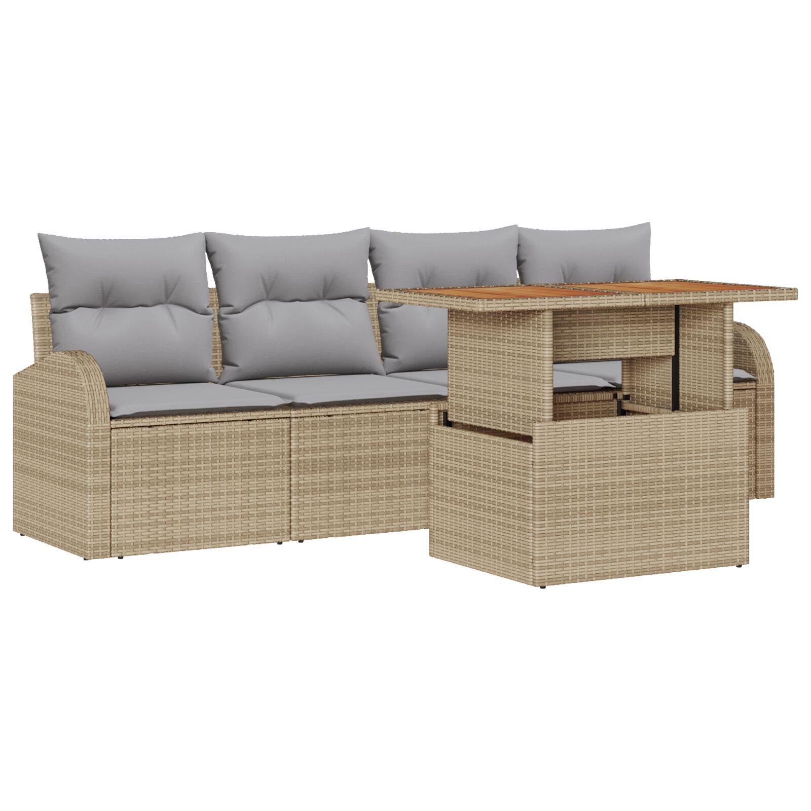 5-del Have Sofa Sæt med Hynder Beige Poly Rattan,  2-sæders Have Sofa med Opbevaring & Hynder Beige Poly Rattan