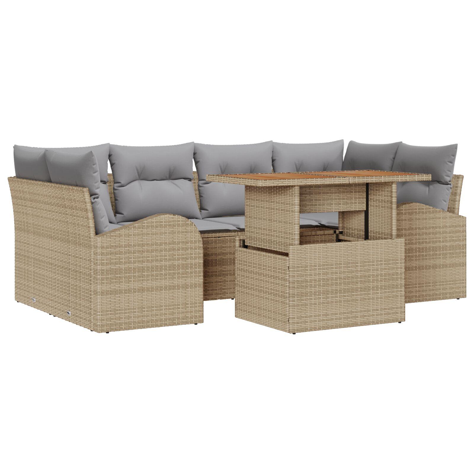 7-delt have sofa sæt med puder Beige Polyrattan,  2-personers have sofa med opbevaring & puder Beige Polyrattan