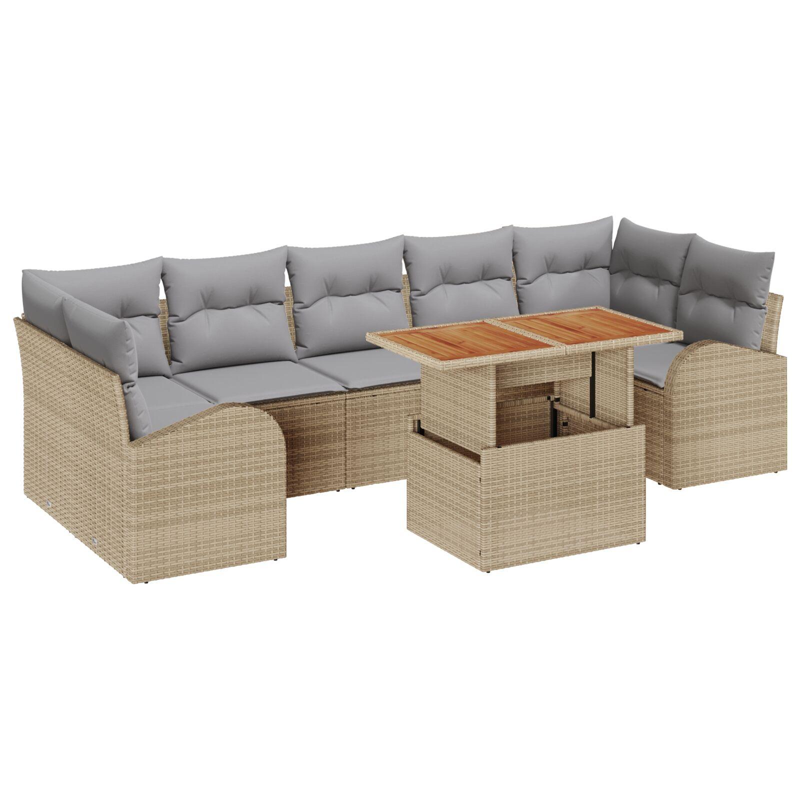 8 Stykke Have Sofa Sæt med Puder Beige Poly Rattan,  2-Personers Have Sofa med Opbevaring & Puder Beige Poly Rattan