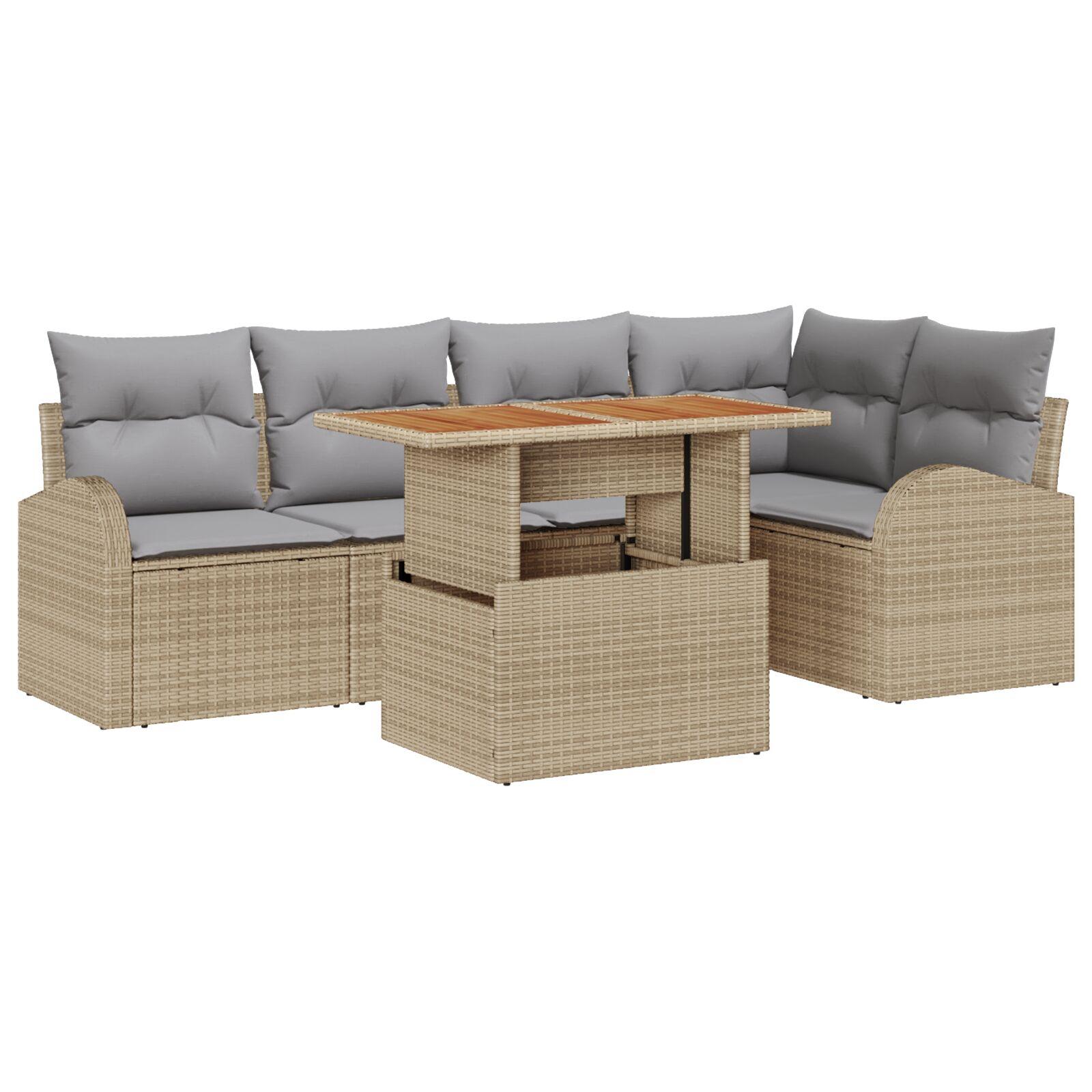 6-delt Havesofa Sæt med Puder Beige Poly Rattan,  2-personers Havesofa med Opbevaring & Puder Beige Poly Rattan