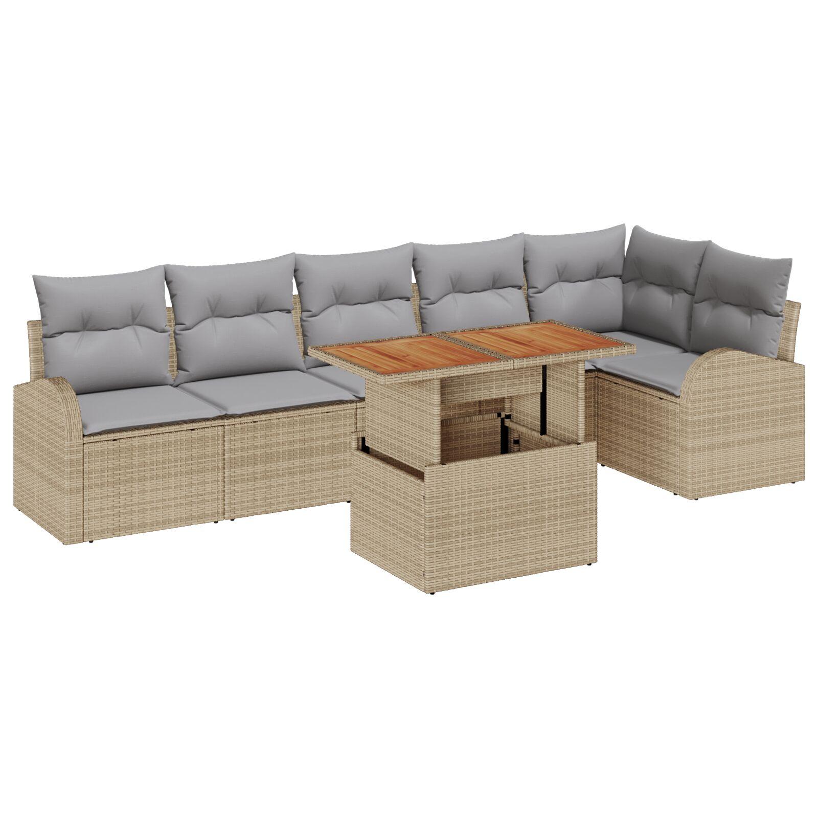 7 Stykke Have Sofa Sæt med Puder Beige Poly Rattan,  2-Sæders Have Sofa med Opbevaring & Puder Beige Poly Rattan