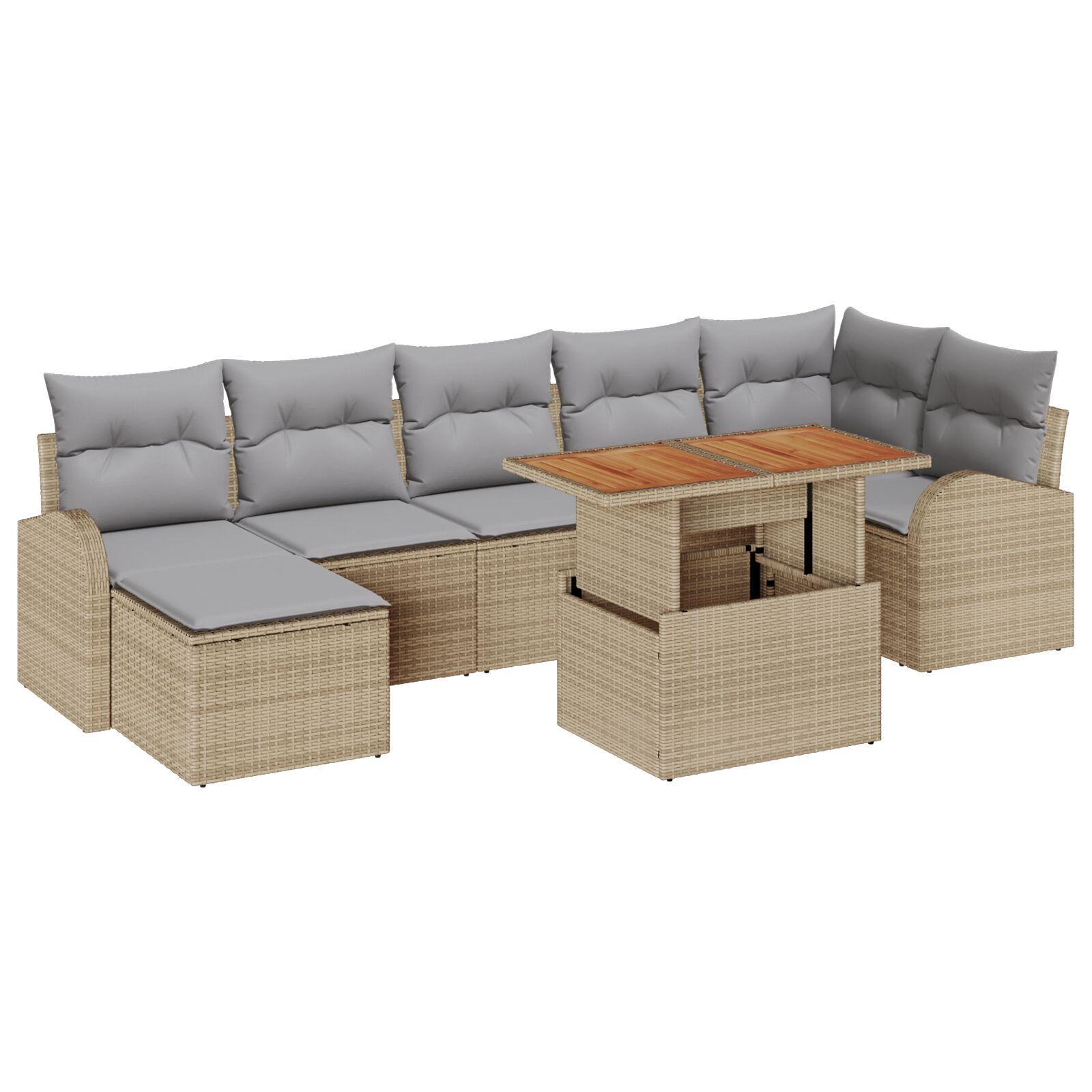 Havesofa-sæt med opbevaring, 8 dele - beige polyrattan