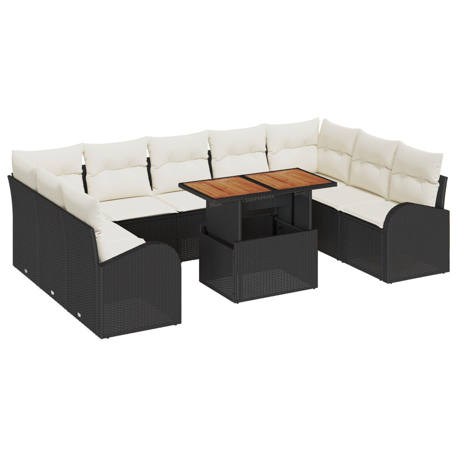 10-delt Have Sofa Sæt med Hynder Sort Poly Rattan,  2-personers Have Sofa med Opbevaring & Hynder Sort Poly Rattan