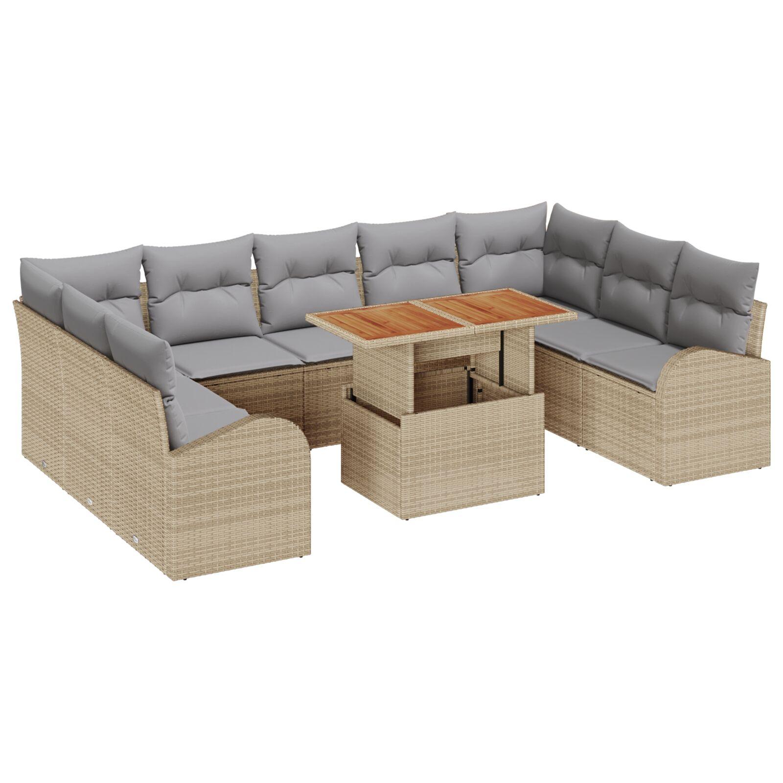 10-delers have sofa sæt med puder beige poly rattan,  2-personers have sofa med opbevaring og puder beige poly rattan