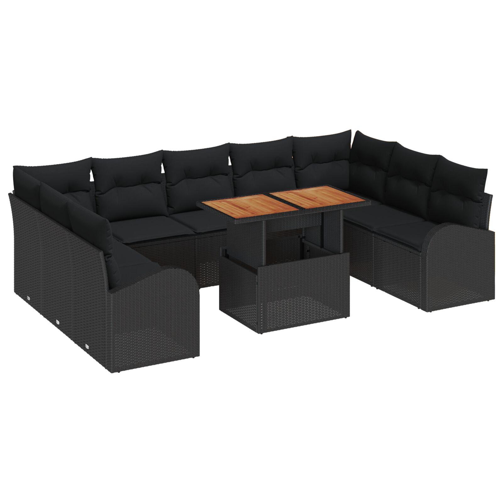 10-delt Havesofa Sæt med puder Sort Poly Rattan,  2-personers havesofa med opbevaring & puder Sort Poly Rattan