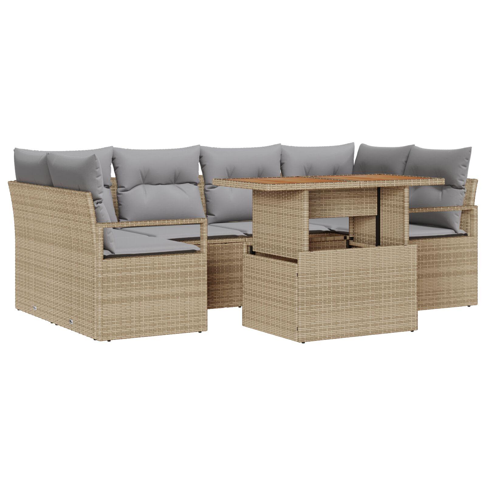7 Delers Have Sofa Sæt med Puder Beige Poly Rattan,  2-sæders Have Sofa med Opbevaring & Puder Beige Poly Rattan