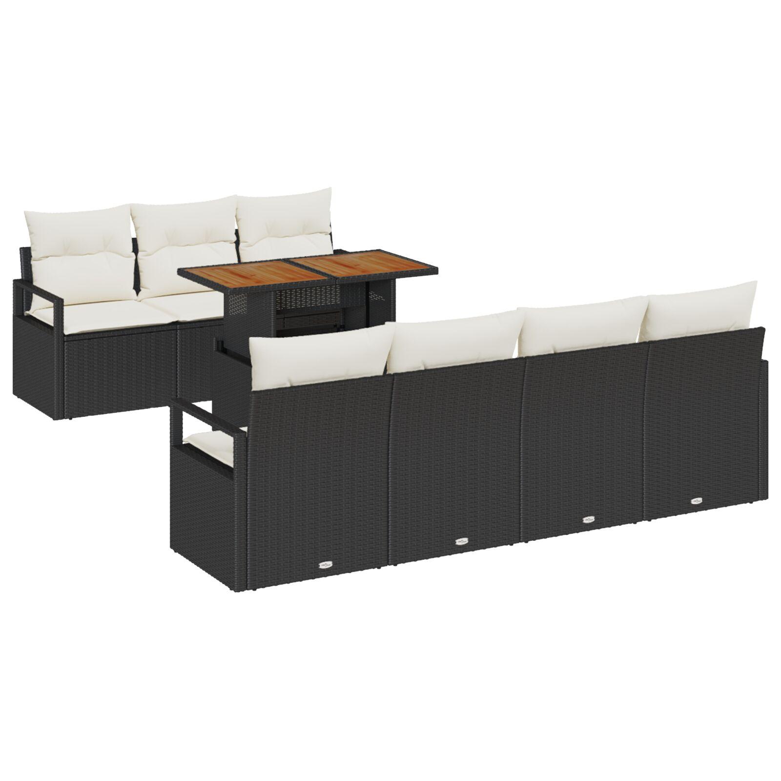 8 Stykker Have Sofa Sæt med Puder Sort Poly Rattan,  2-personers Have Sofa med Opbevaring & Puder Sort Poly Rattan