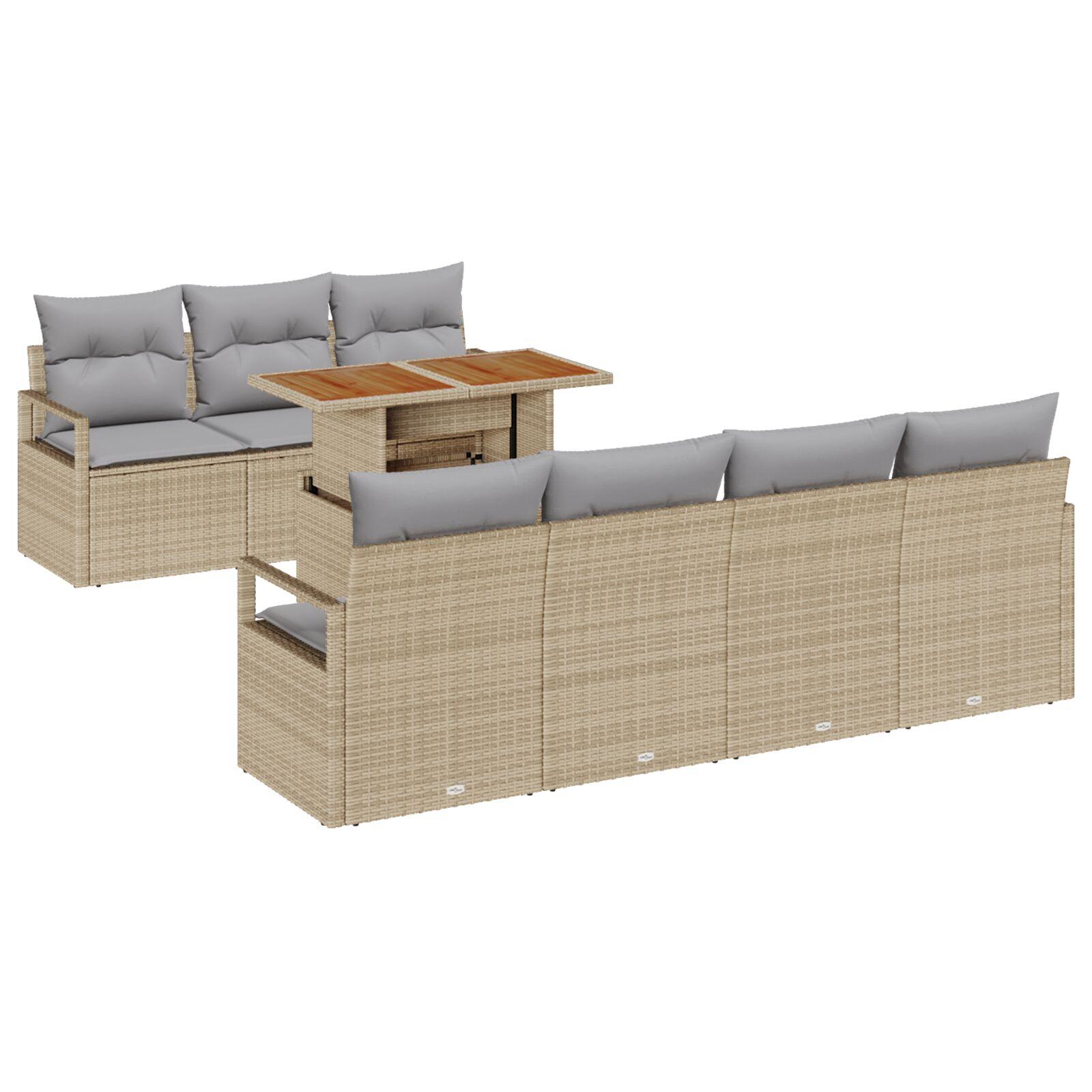 8 Stykke Have Sofa Sæt med Puder Beige Poly Rattan,  2-personers Have Sofa med Opbevaring&Puder Beige Poly Rattan