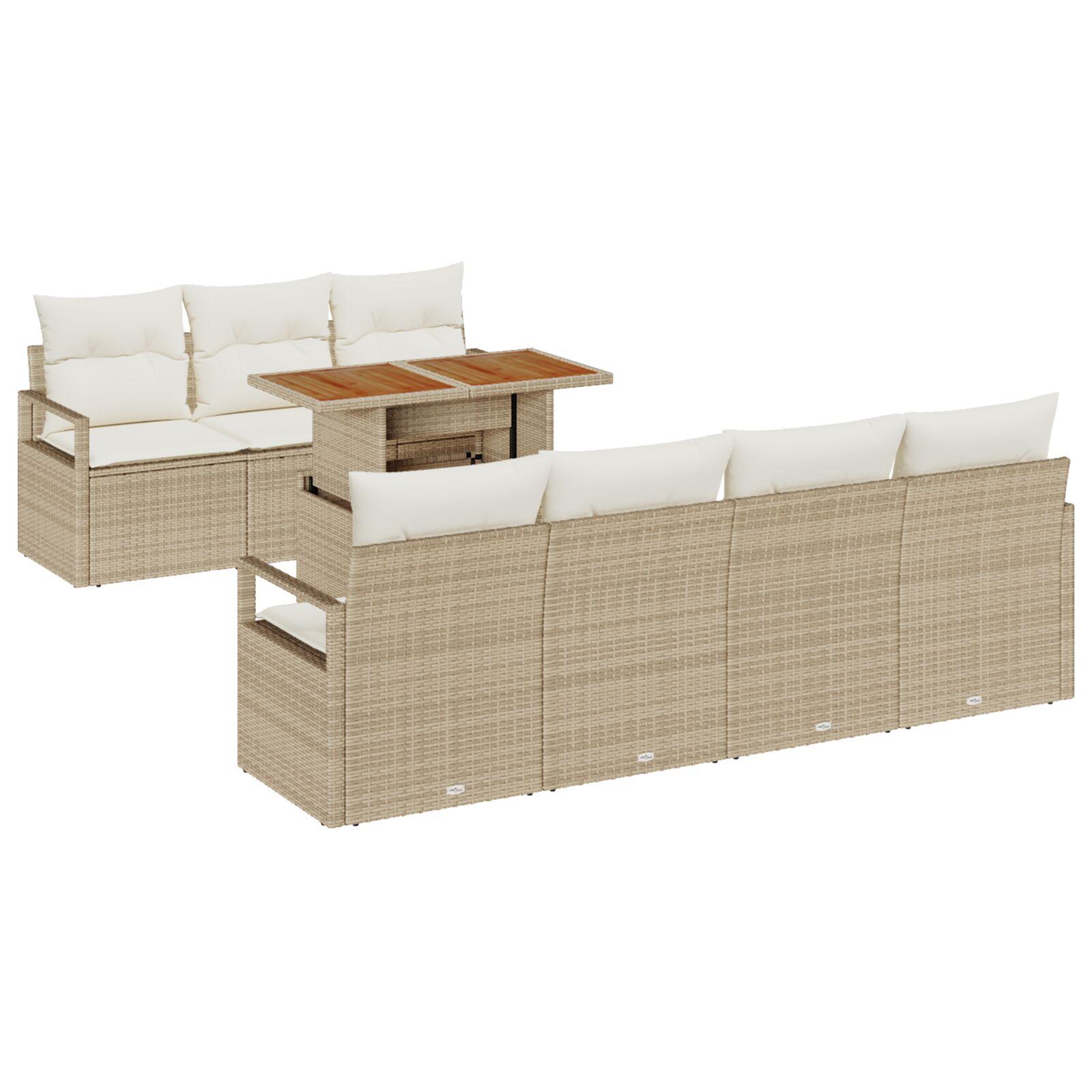 8 Delers Havesofa Sæt med Hynder Beige Poly Rattan,  2-personers Havesofa med Opbevaring & Hynder Beige Poly Rattan