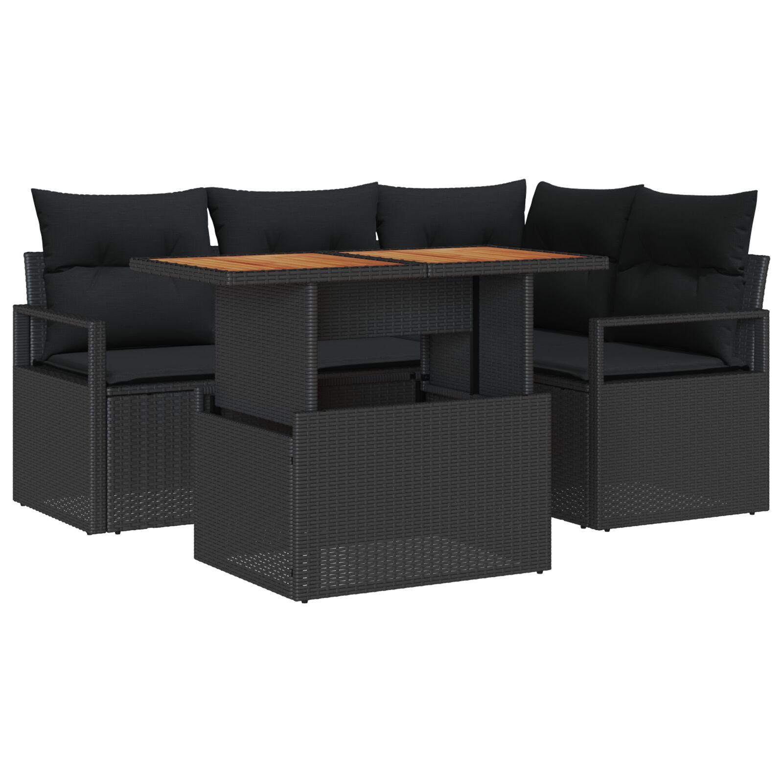 Havesofa-sæt med opbevaring, 5 dele - sort polyrattan