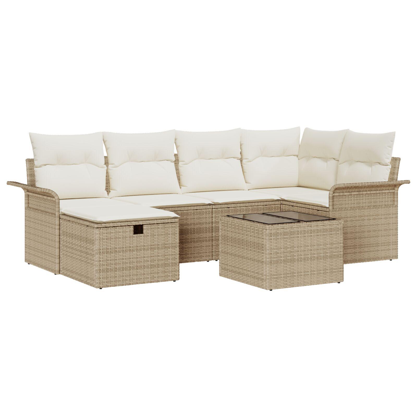 7 Delt Have Sofa Sæt med Puder Beige Poly Rattan