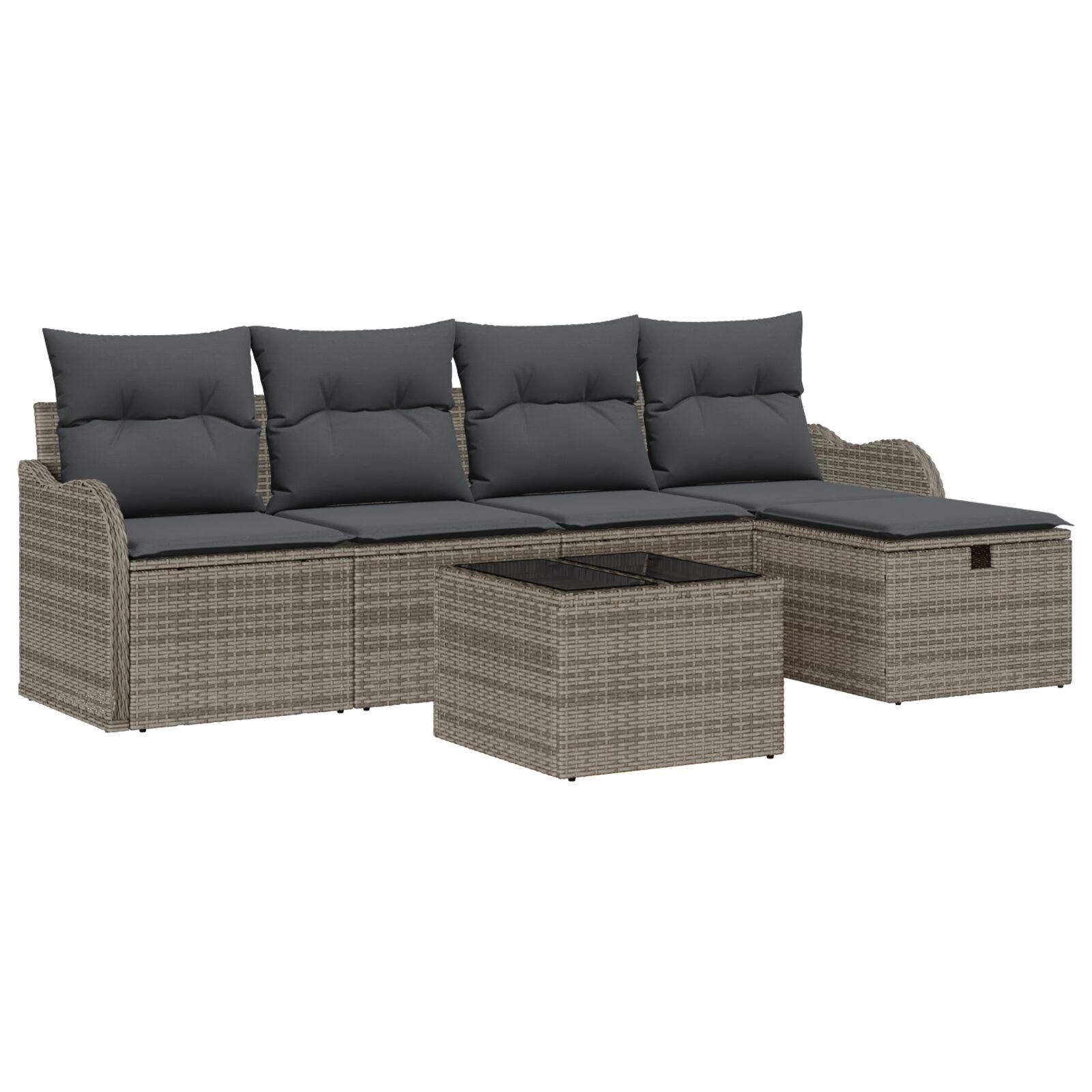 6 Deles Havesofa Sæt med Puder Grå Poly Rattan, 2-Sæders Havesofa med Puder Grå Poly Rattan