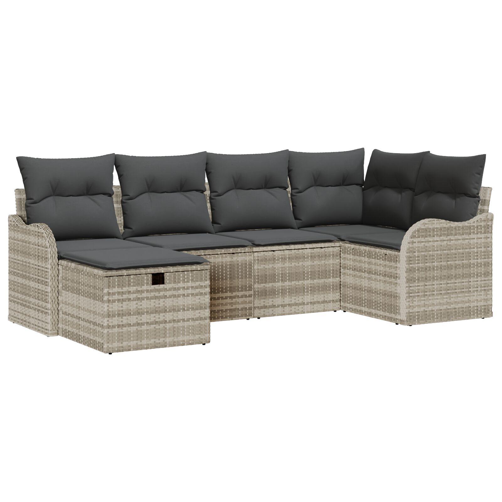 6 Stykker Have Sofa Sæt med Puder Lys Grå Poly Rattan, 2-personers Have Sofa med Puder Lys Grå Poly Rattan