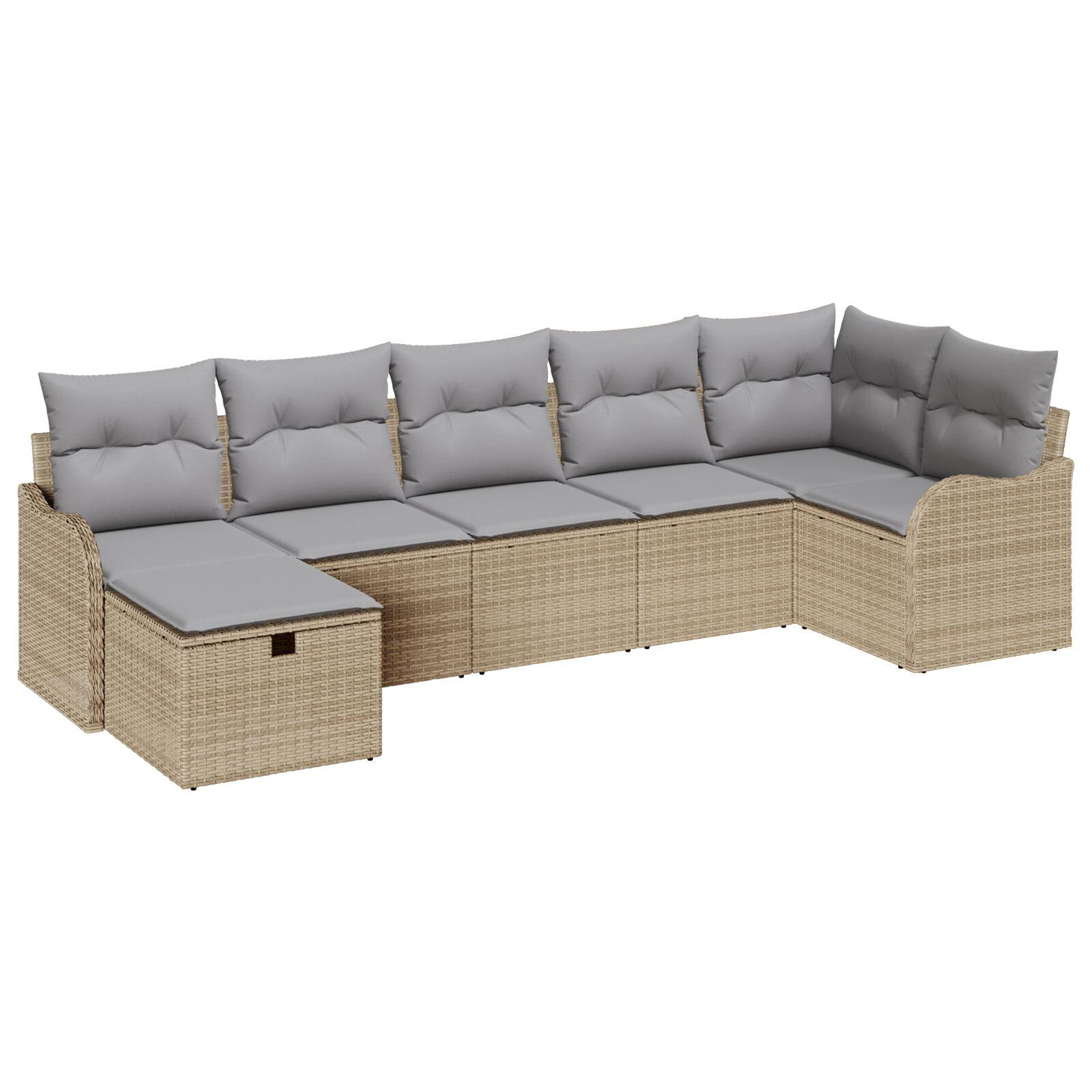 7 Dele Have Sofasæt med Puder Beige Poly Rattan,  2-Personers Have Sofa med Puder Beige Poly Rattan