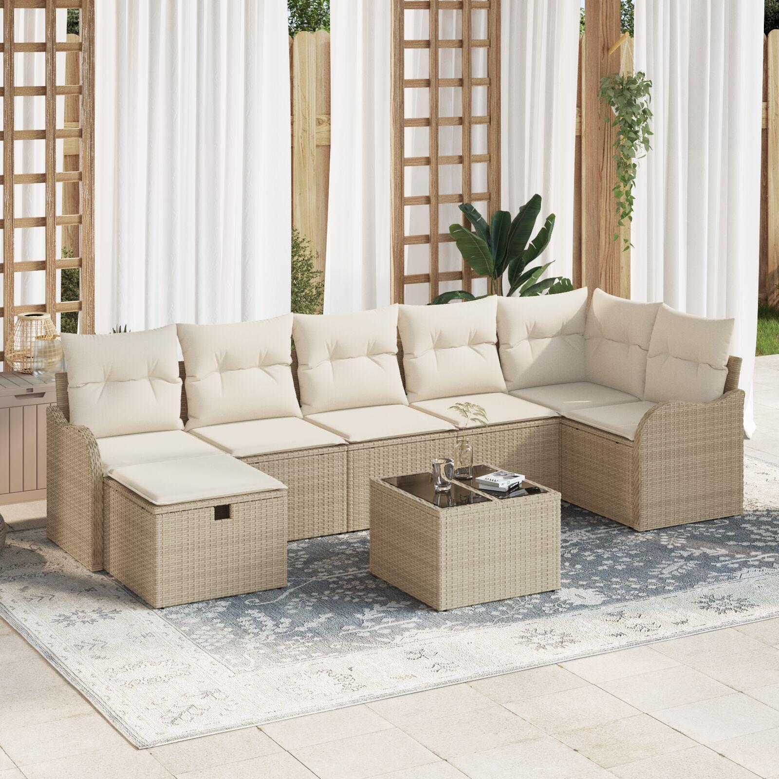 8-delers havemøbel sæt med puder beige poly rattan,  2-personers havemøbel sofa med puder beige poly rattan