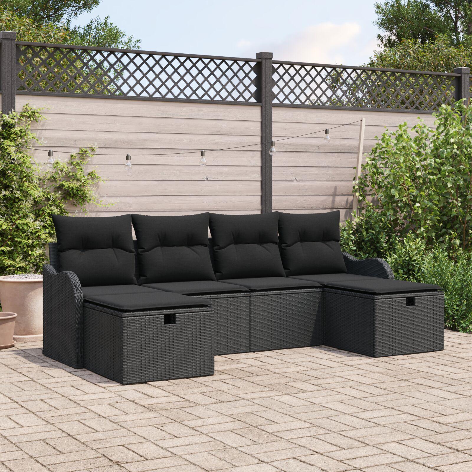 Havesofa Sæt med pude 6 stk Sort 231 x 117 x 85 cm Poly rattan billede