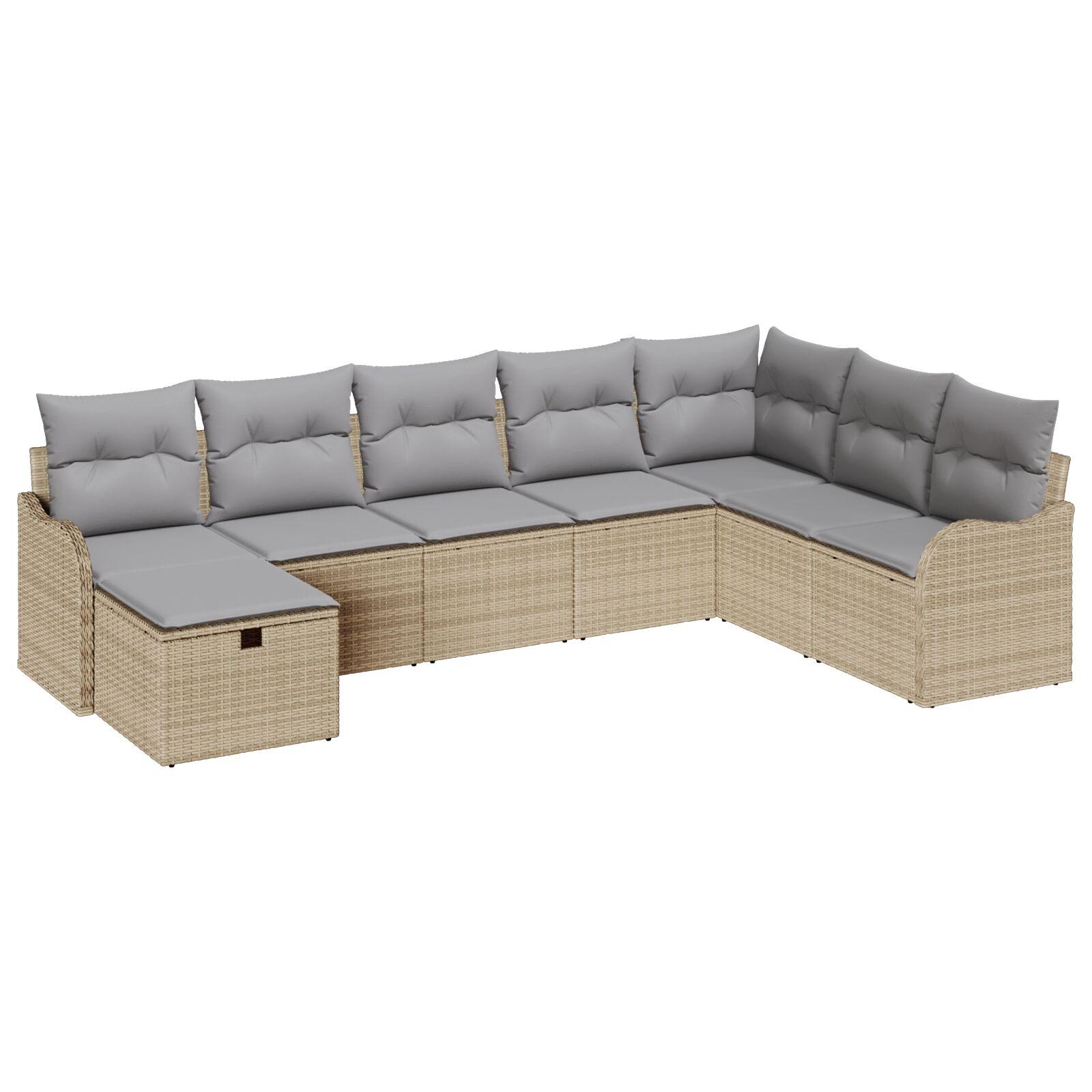 8 Deles Have Sofa Sæt med Puder i Beige Poly Rattan,  2-Sæders Have Sofa med Puder i Beige Poly Rattan