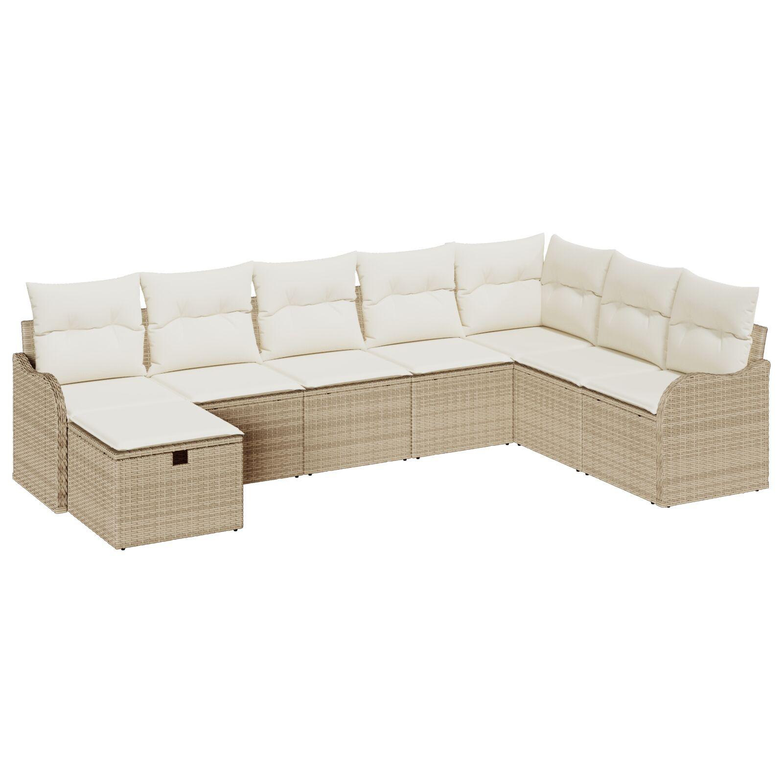 8-stykker Have Sofa Sæt med Puder Beige Poly Rattan,  2-personers Have Sofa med Puder Beige Poly Rattan