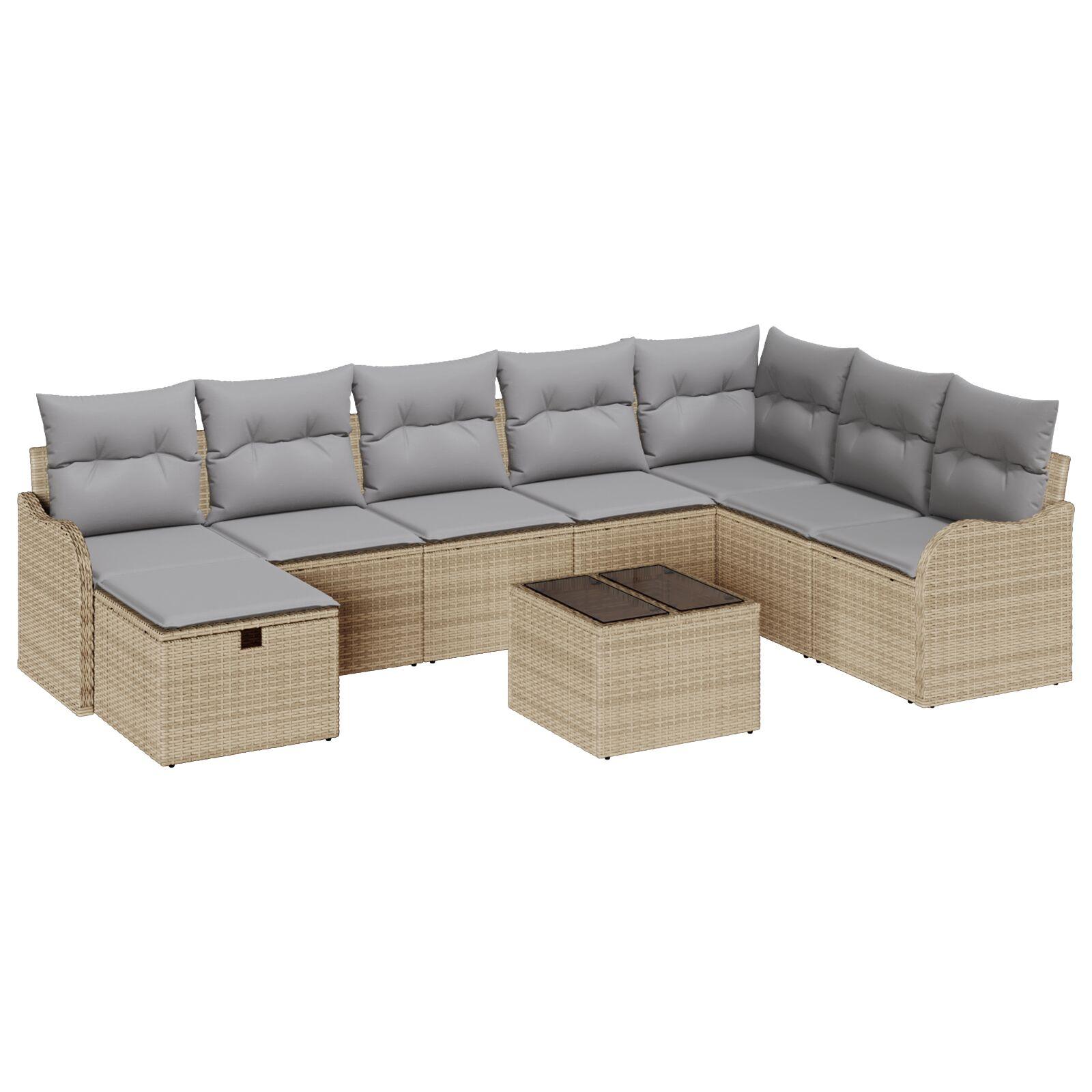 9 Stykker Have Sofa Sæt med Puder Beige Poly Rattan,  2-sæders Have Sofa med Puder Beige Poly Rattan