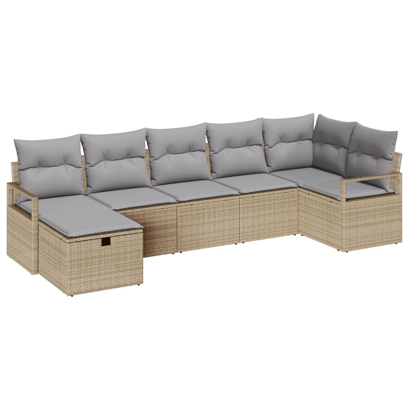 7 Delers Have Sofa Sæt med Puder Beige Poly Rattan,  2-Personers Have Sofa med Puder Beige Poly Rattan