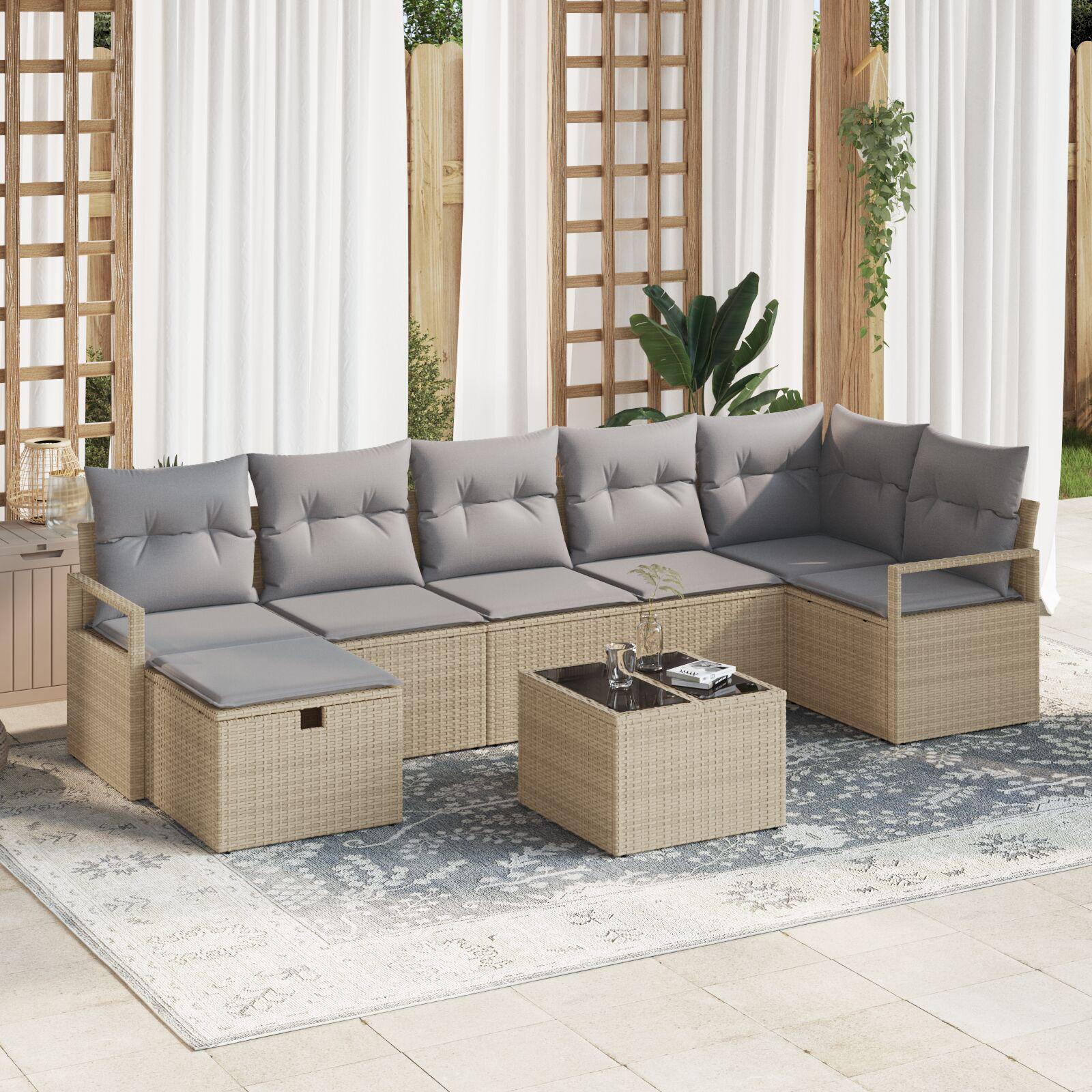 8 dele have sofa sæt med puder beige poly rattan,  2-sæders have sofa med puder beige poly rattan