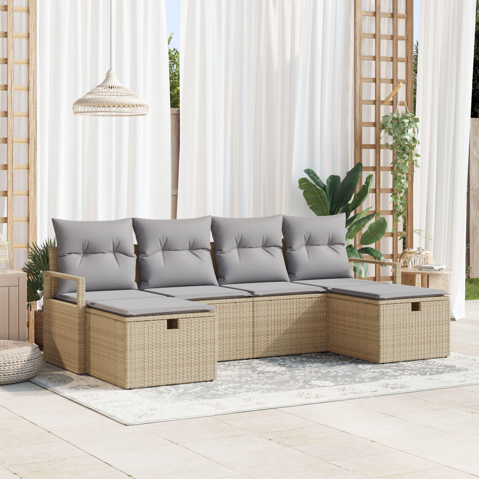 6 Stk Have Sofa Sæt med Puder Beige Poly Rattan,  2-personers Have Sofa med Puder Beige Poly Rattan