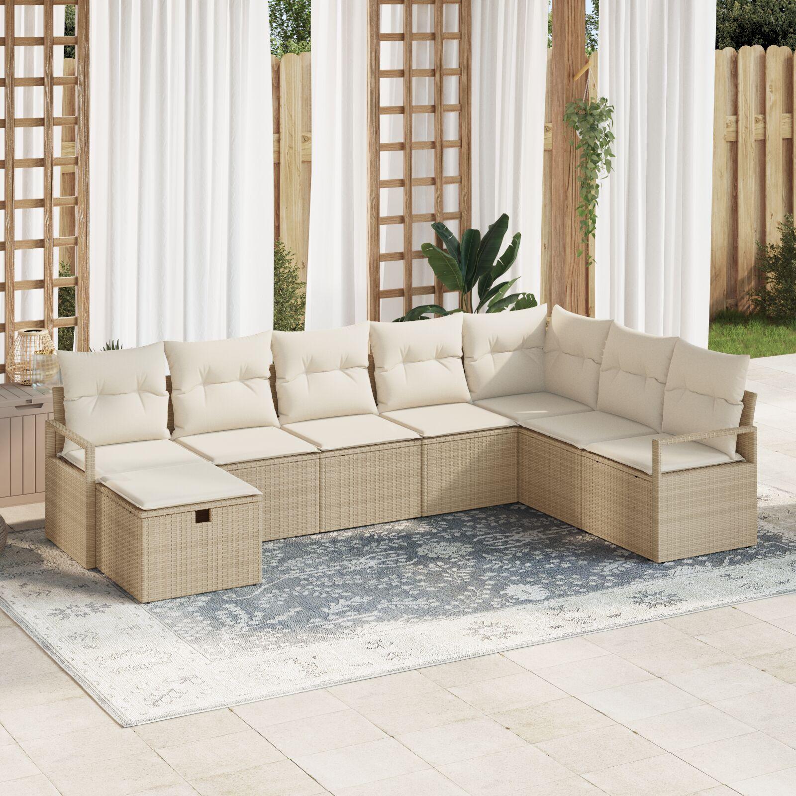 8 Stykke Have Sofa Sæt med Puder Beige Poly Rattan,  2-Sæders Have Sofa med Puder Beige Poly Rattan