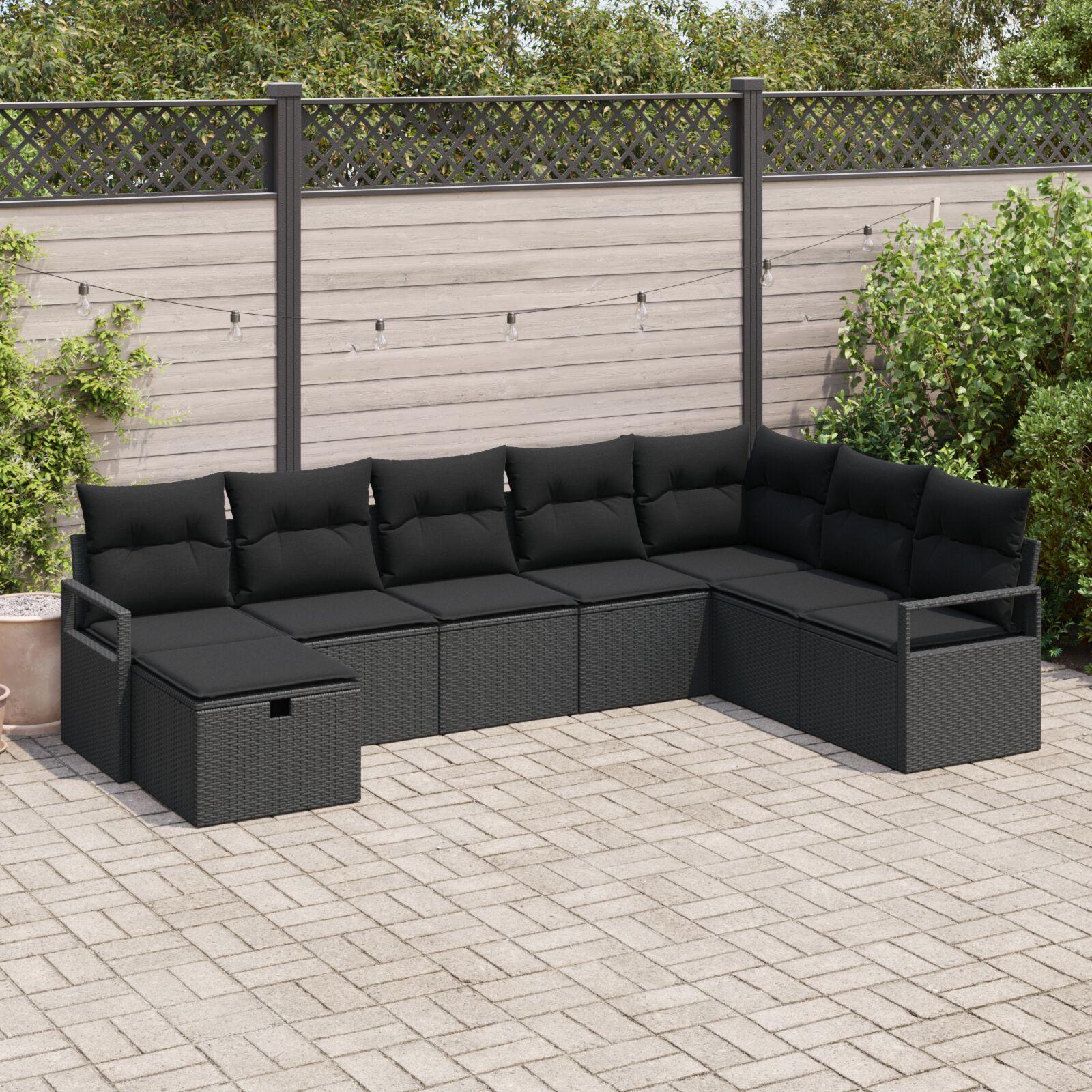 Sofa-sæt i sort polyrattan med puder og opbevaring - 8 dele, modulær udendørs hjørnesofa billede
