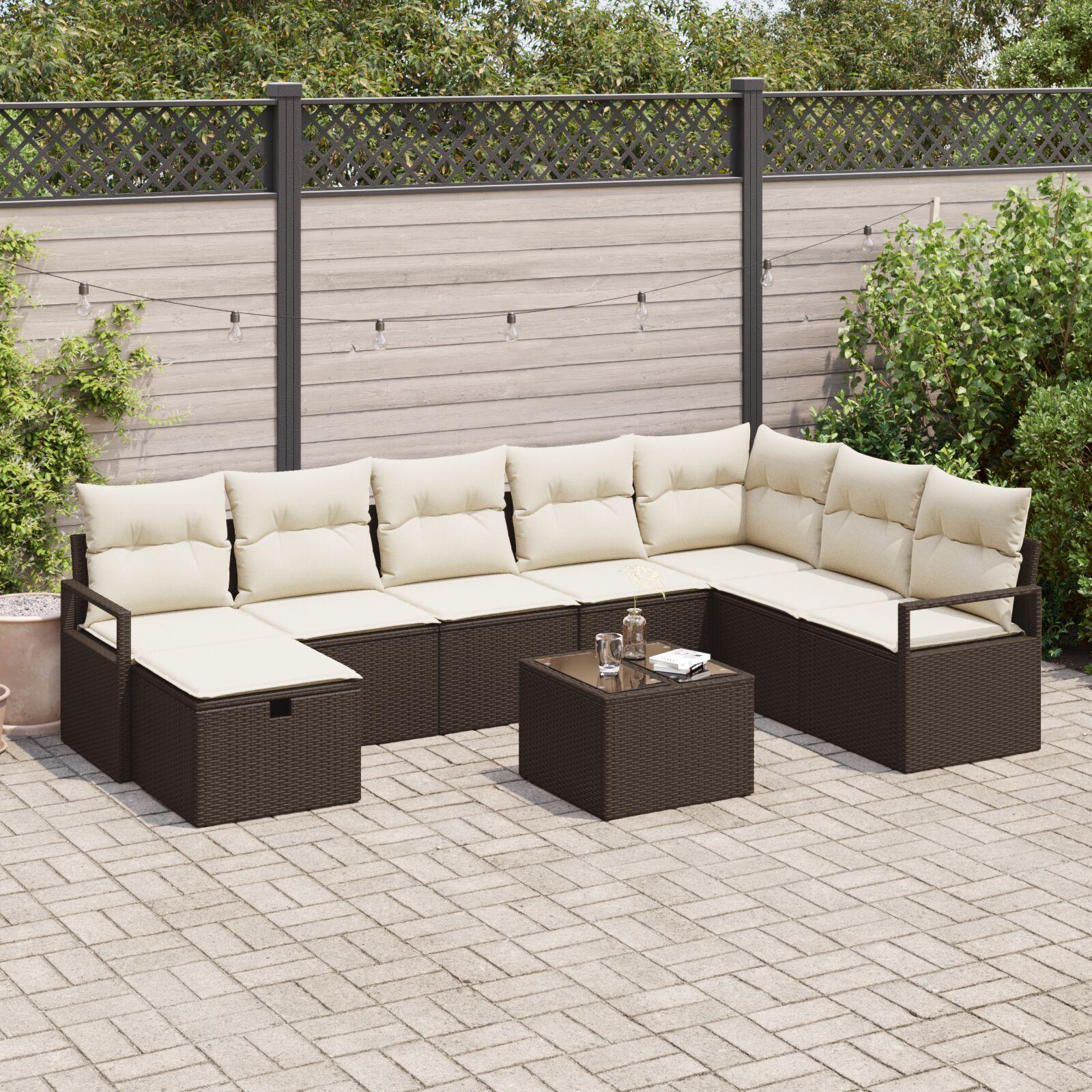 9 Stykke Havensofa Sæt med Puder Brun Poly Rattan, 2-Personers Havensofa med Puder Brun Poly Rattan