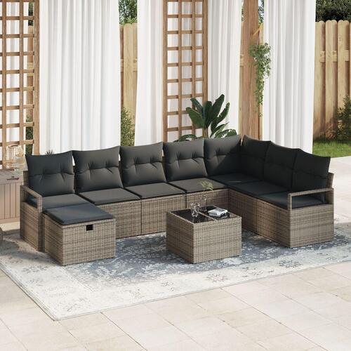 9 Delt Have Sofa Sæt med Puder Grå Poly Rattan, 2-Sæders Have Sofa med Puder Grå Poly Rattan