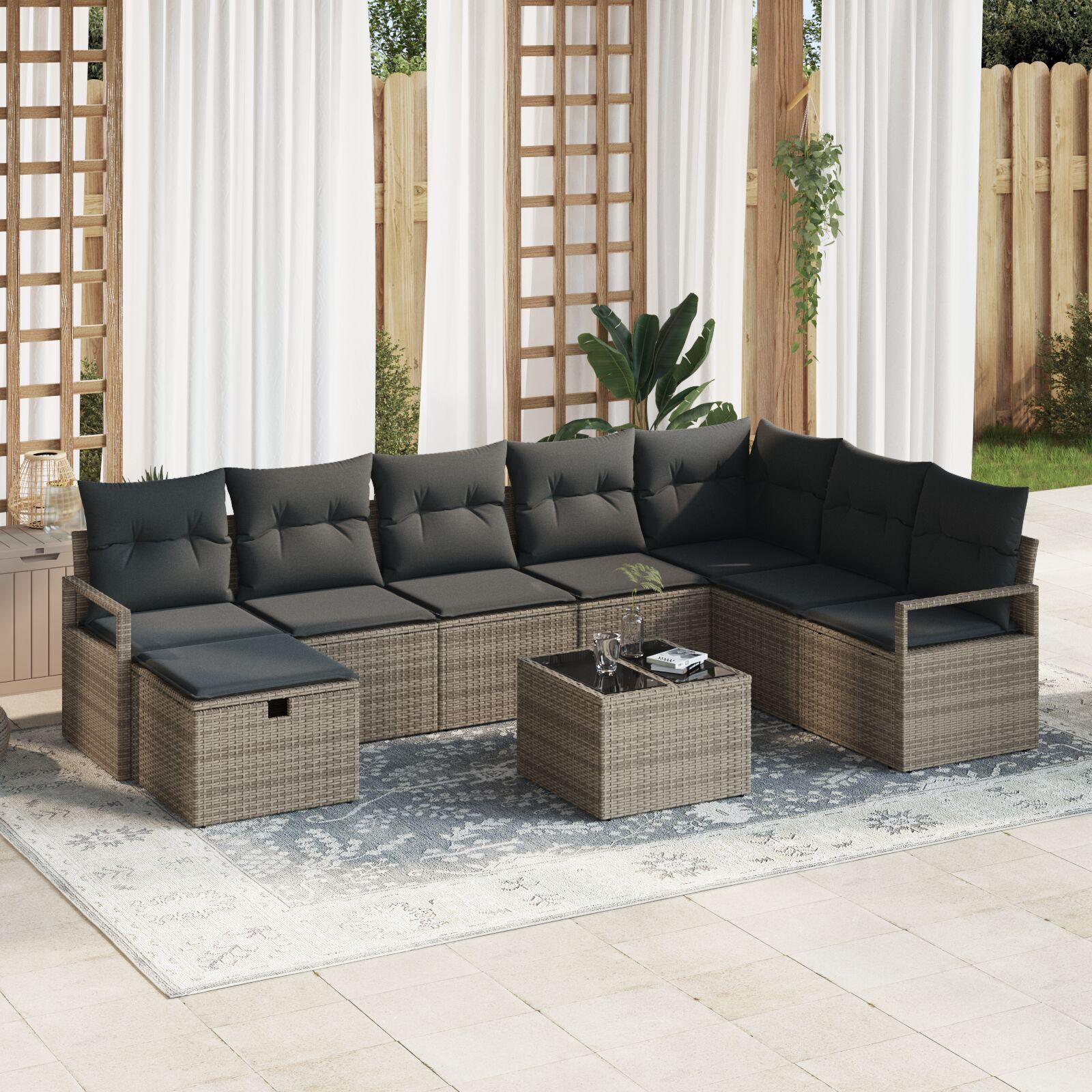 9 Delt Have Sofa Sæt med Puder Grå Poly Rattan, 2-Sæders Have Sofa med Puder Grå Poly Rattan