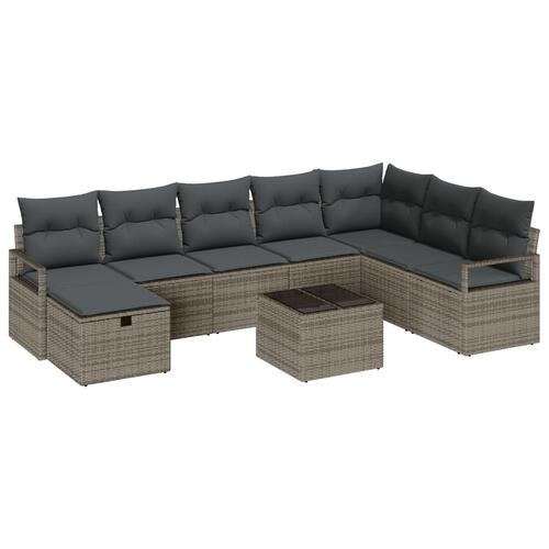 9 Delt Have Sofa Sæt med Puder Grå Poly Rattan, 2-Sæders Have Sofa med Puder Grå Poly Rattan
